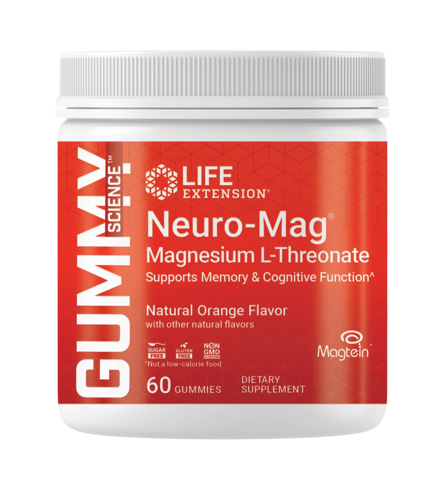 Life Extension Gummy Science Neuro-Mag Magnesium L-Threonate, Memory Support, Quick Thinking, cognition, Magnesium Supplement, Gluten-Free, Non-GMO, Orange Flavor, 60 Gummies - Buy Online on GoSupps.com