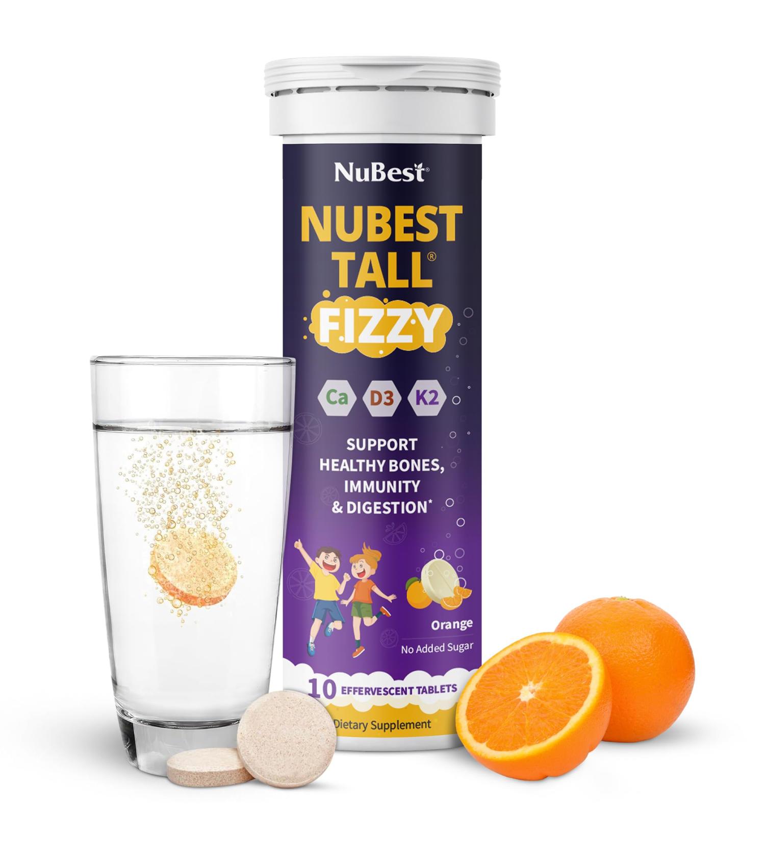 NuBest Tall Fizzy - Bone Strength Immunity Digestive Health for Kids Age 4+ & Teens | Probiotic Calcium Magnesium from Red Marine Algae Vitamins | 10 Orange Effervescent Tablets | 2 Weeks Supply 10 Count (Pack of 1) - Buy Online on GoSupps.com