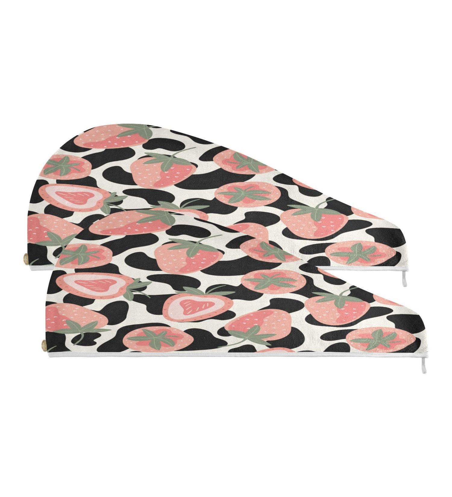 Cow Print Strawberry Dry Hair Cap & Towel Set | Quick Drying Soft Super Absorbent | 2 Pieces with Button Headband - Perfect for All Hair Types - Buy Online on GoSupps.com