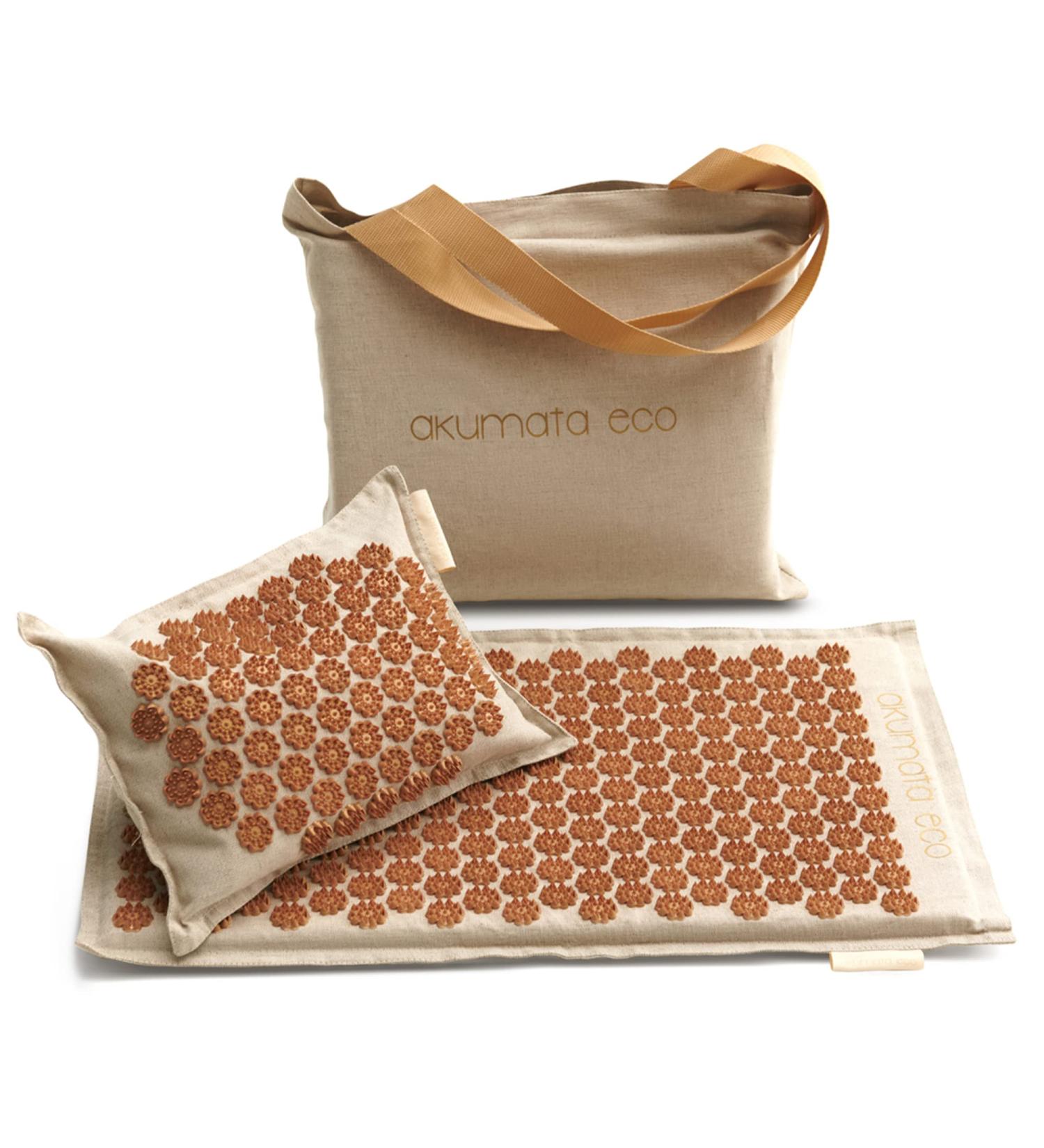 Akumata Eco Acupressure Mat & Pillow Set | Effective Back & Neck Pain Relief | Full Body Massage Set in Linen & Gold - Buy Online on GoSupps.com
