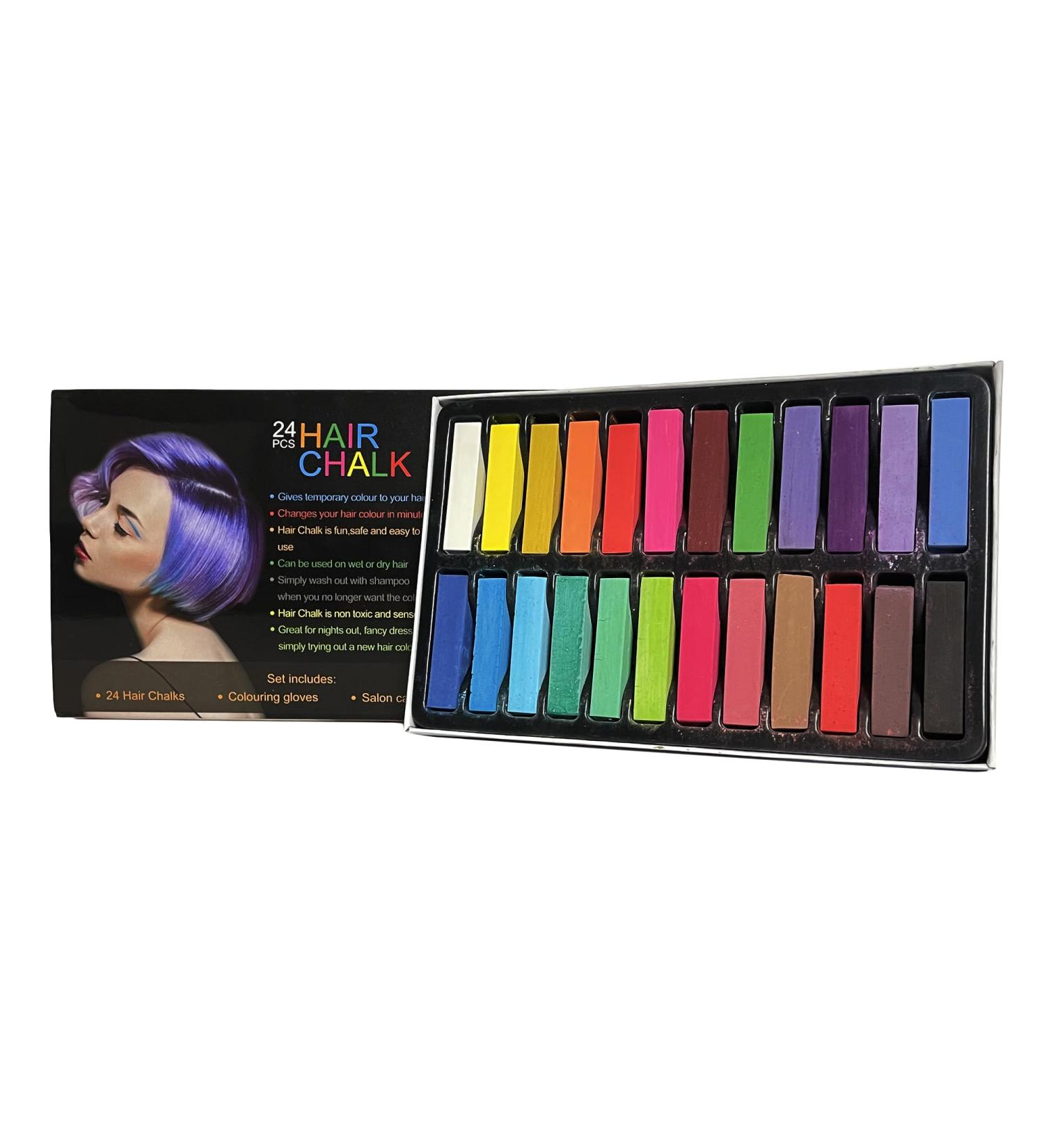 24 Colour Hair Chalk Set with Gloves & Cape | Temporary Hair Dye Kit for Dark & Light Hair | Vibrant Shades | Wash Out Hair Colour | Non-Toxic Formula - Buy Online on GoSupps.com