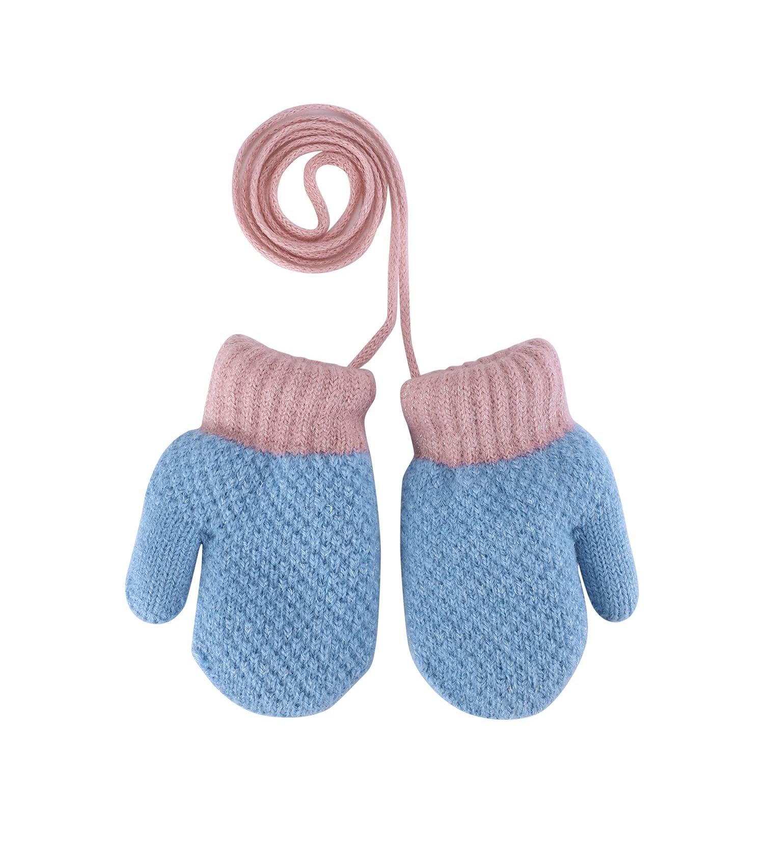 Kids Toddlers Winter Thermal Gloves Mittens - Blue | Ages 1-4 | Fleece Lined, Anti-Lost String - Buy Online on GoSupps.com