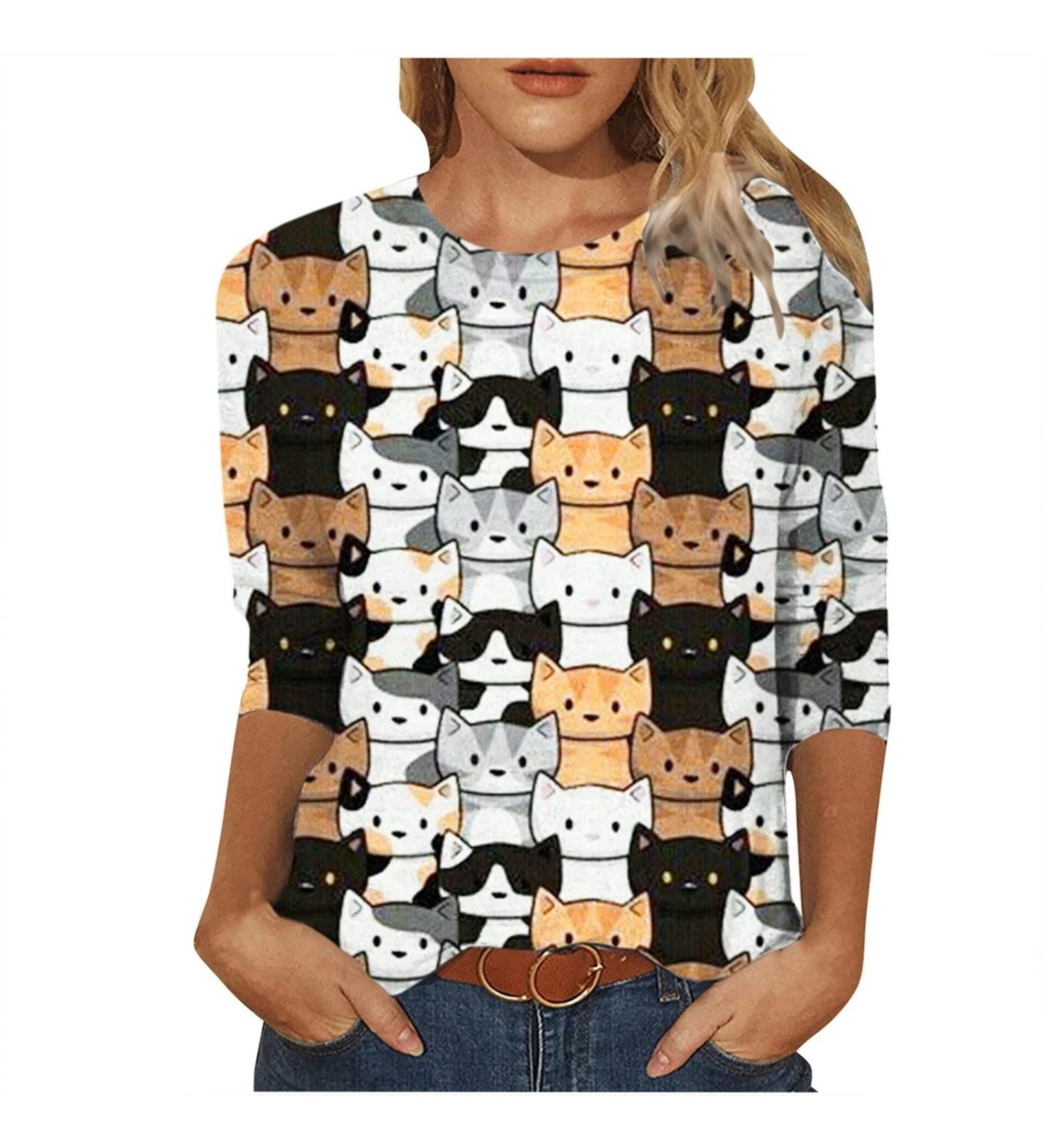 Cute Cat Dog Printed Summer Top | 3/4 Sleeve Blouse | Round Neck Casual Tee - Medium Black - Buy Online on GoSupps.com