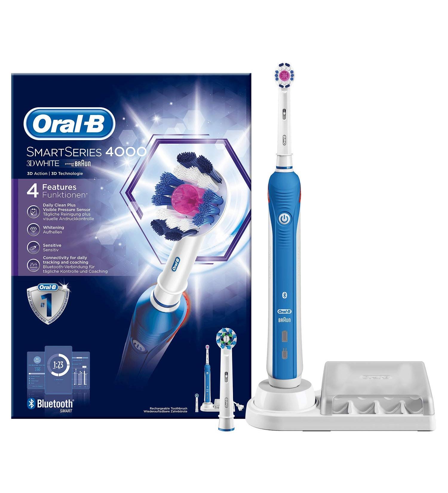 Oral-B SmartSeries 4000 electric toothbrush with timer and two 3DWhite plug-in brushes white/blue daily cleaning/sensitive/lighten