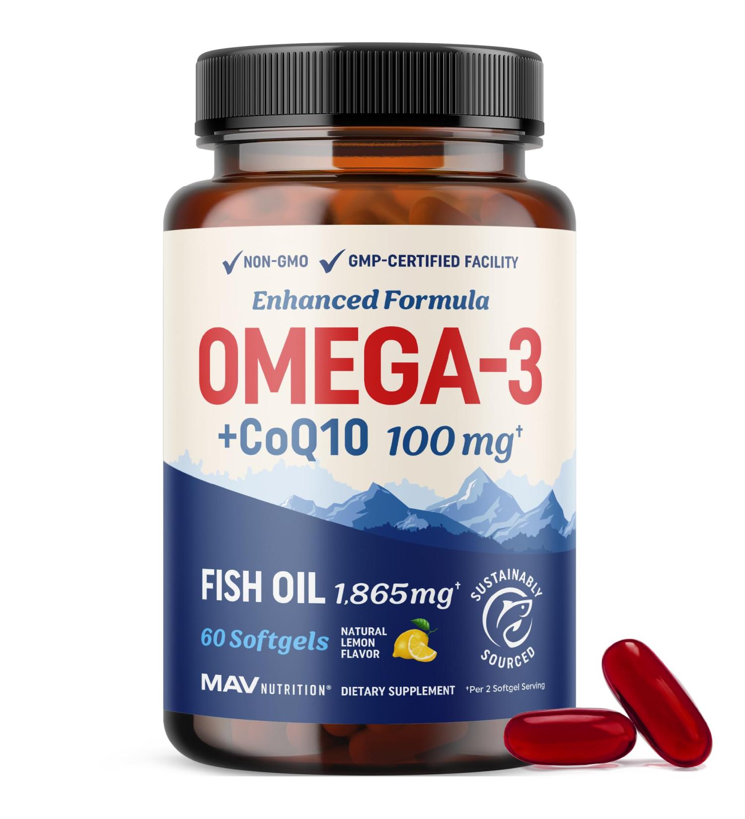 Omega 3 Fish Oil + Co Q10 | 1305MG Omega-3 with CoQ10 100MG for Heart Health Cellular Energy and Antioxidant Support | Co Q 10 + Omega3 | Coenzyme Q10 Fish Oil Supplements | Non-GMO | 60 Ct - Buy Online on GoSupps.com