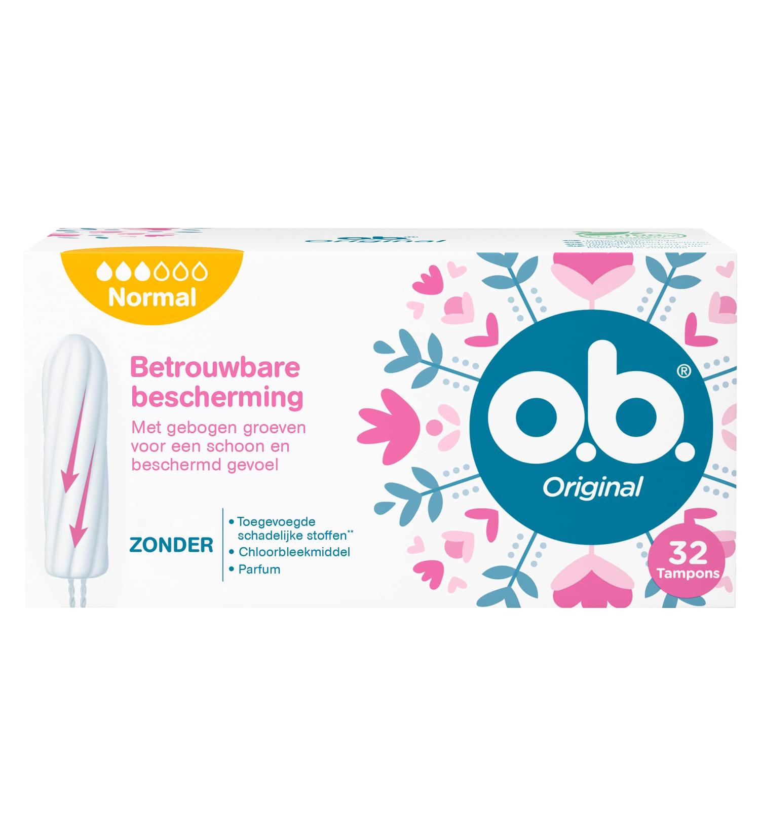 O.B. Original Normal Tampons - 32 Pack | Medium to Heavy Flow | Staydry Technology & Curved Grooves for Reliable Protection - Buy Online on GoSupps.com