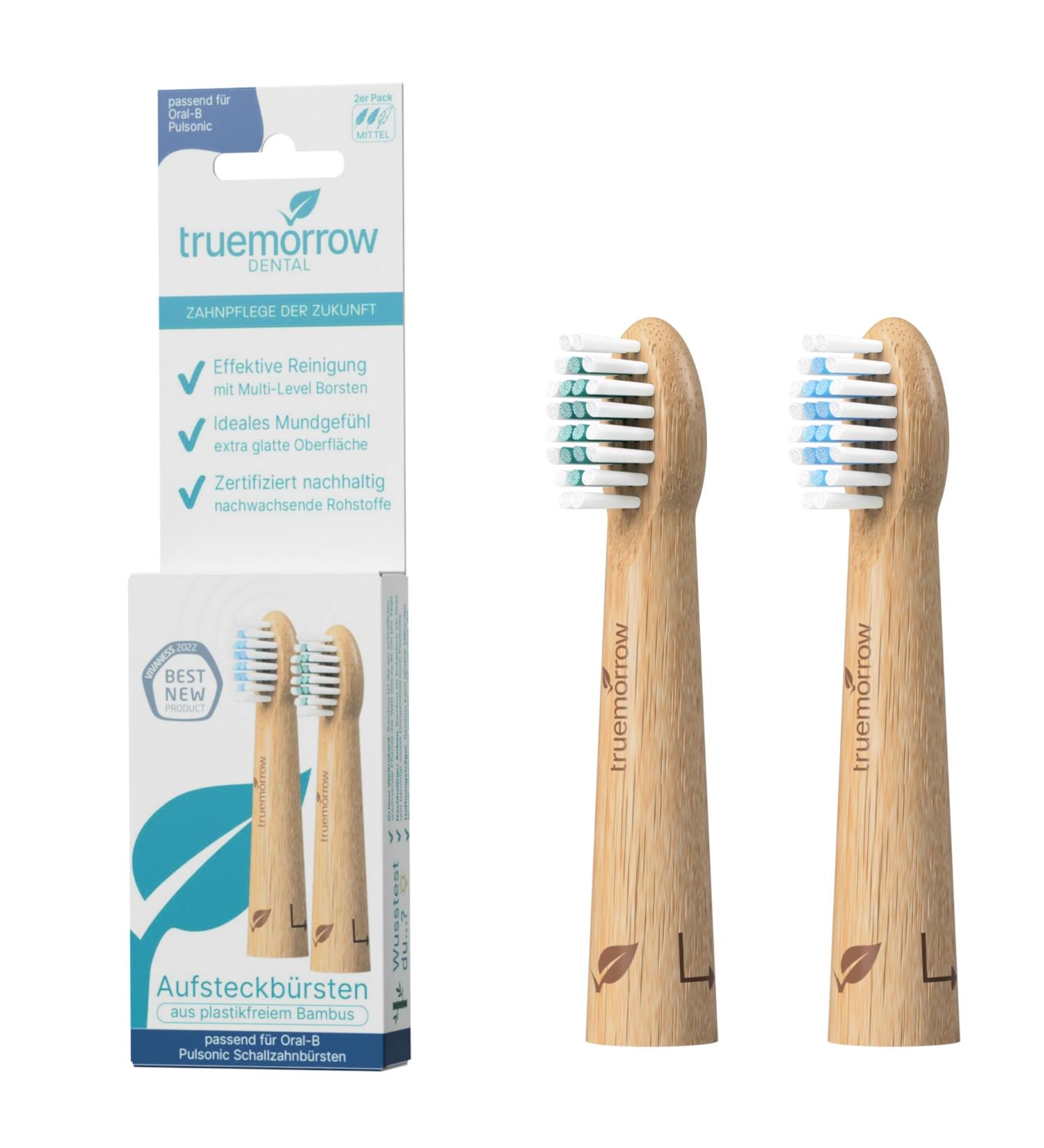Truemorrow Sustainable Bamboo Brushes for Oral-B Pulsonic | 2 Plastic-Free Biodegradable Handles | Vegan Climate-Neutral | Medium Bristle | Eco-Friendly Blue-Green - Buy Online on GoSupps.com