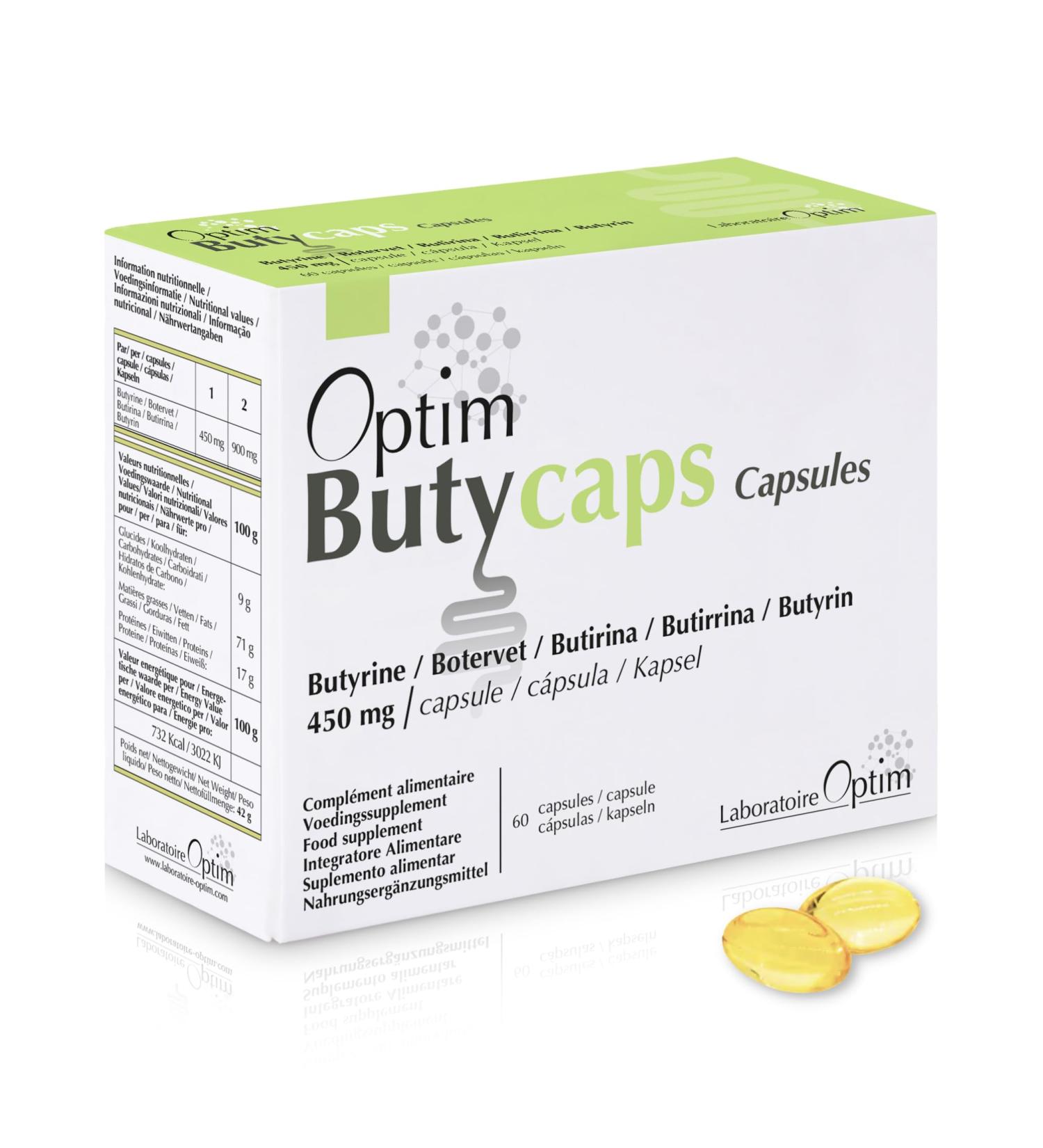 Butyric Acid - Liquid Butyrin 450mg - 60 Capsules | Transit Colon & Intestinal Flora | Dietary Supplement Source of Butyrate | Optim Butycaps Capsules - Buy Online on GoSupps.com