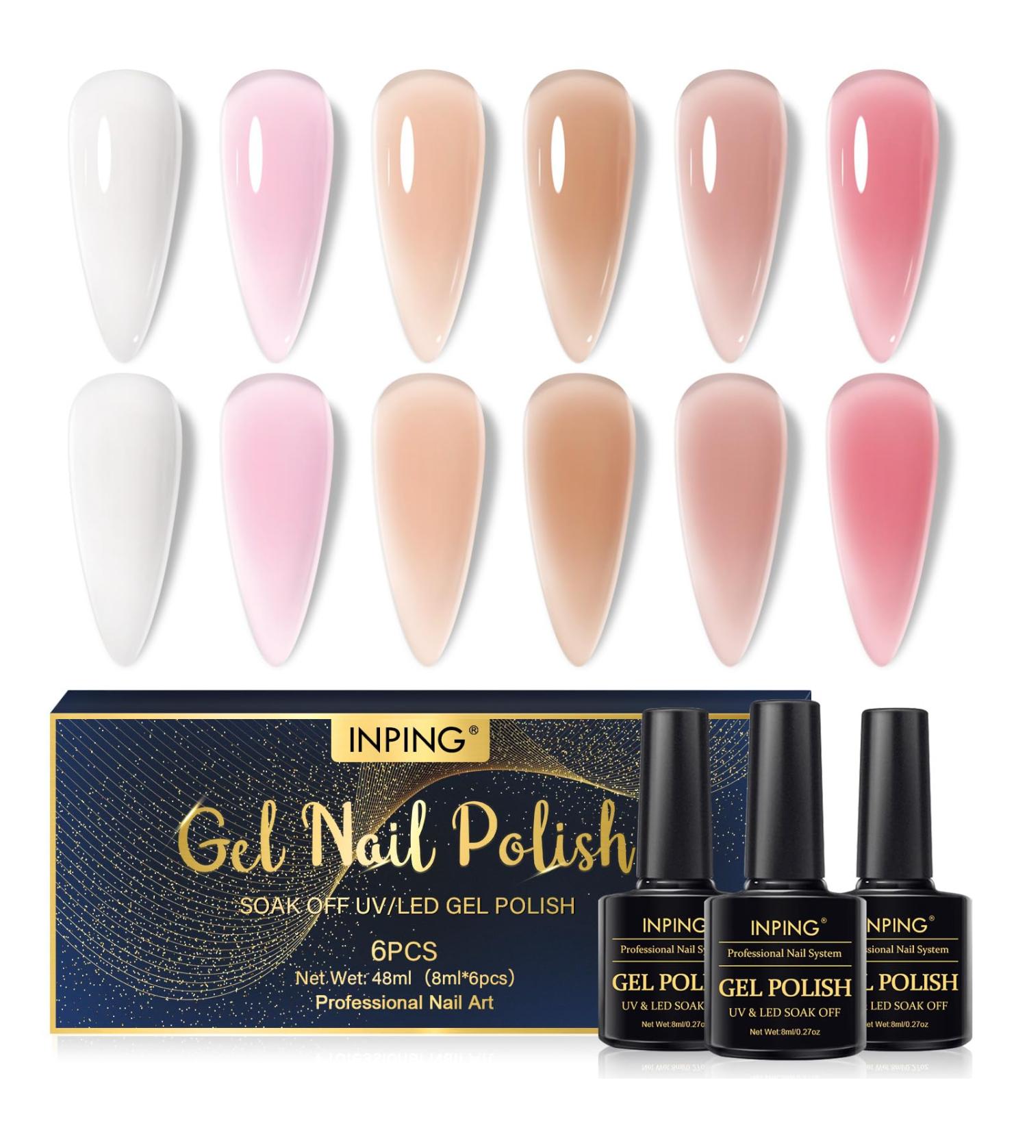 INPING Jelly Gel Nail Polish Set - 6 Colors Nude Pink, Milky White, Sakura Pink, Natural Brown | Soak Off UV/LED Gel Varnish for Women | Home Salon Manicure Kit - Buy Online on GoSupps.com