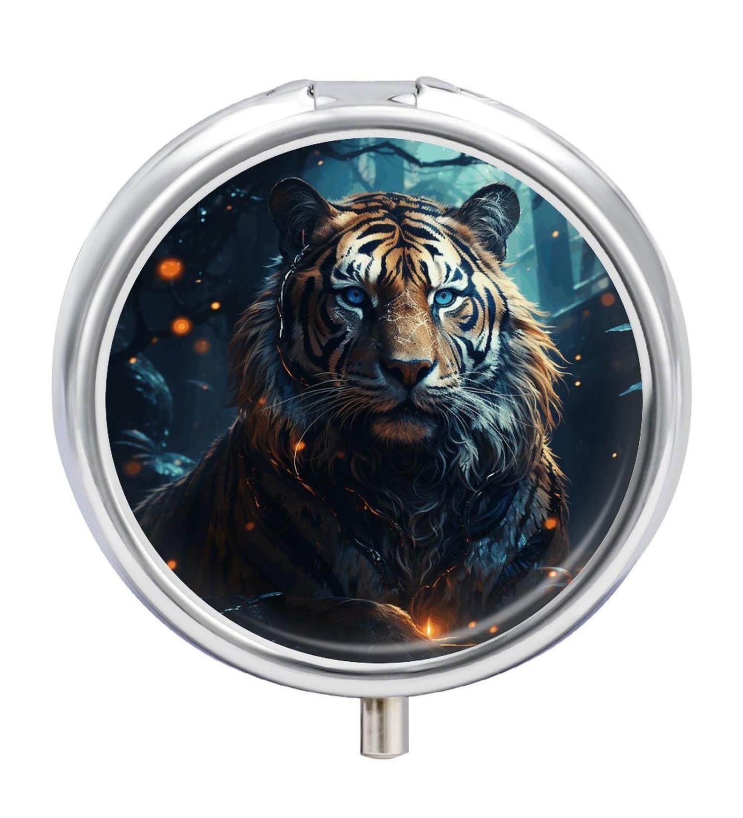 Round Tiger Print Pill Box - 3 Compartment Medicine Organizer - Portable Decorative Metal Pill Case - Style 4 - Buy Online on GoSupps.com