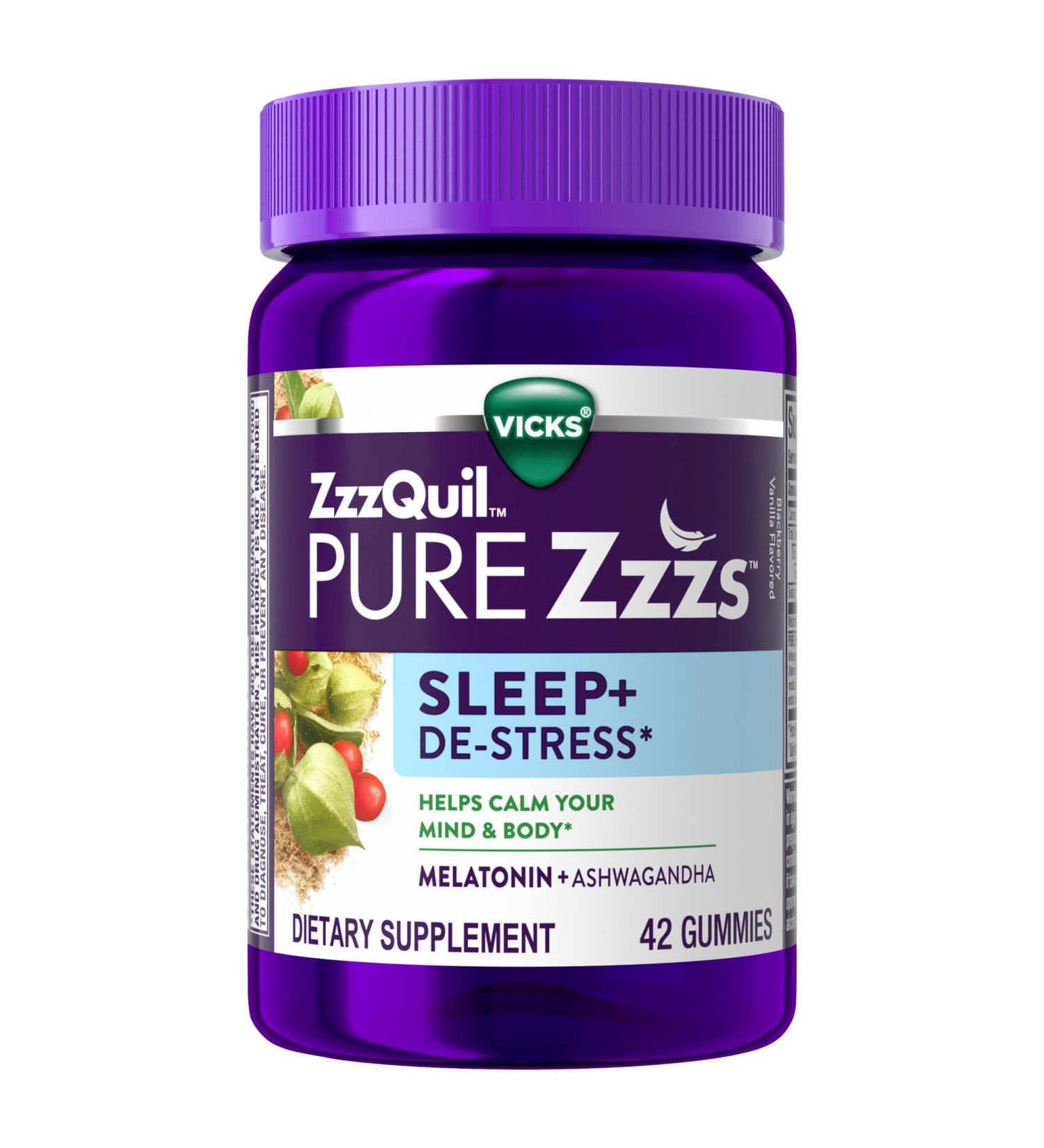 ZzzQuil PURE Zzzs De-Stress Melatonin Sleep Aid Gummies Helps Calm Your Mind and Body Ashwagandha for Stress Support Sleep Aids for Adults 1 mg per gummy 42 Count Blackberry Vanilla 42 Count (Pack of 1) - Buy Online on GoSupps.com