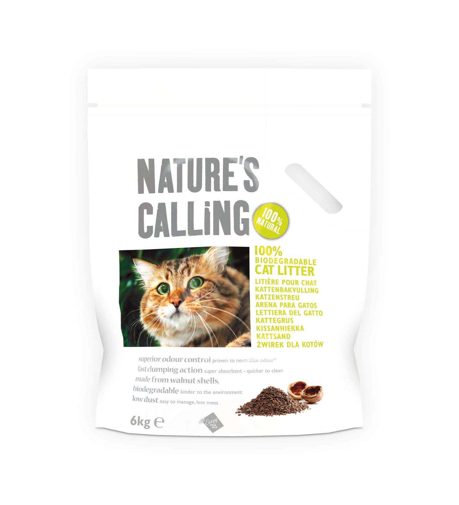 Nature's Calling Natural Walnut Cat Litter 12 kg Fast-Clumping 100% Biodegradable and Flushable Litter with Advanced Odour Control for Cats and Kittens Pack of 2 x 6 kg Bags 2 x 6kg - Buy Online on GoSupps.com