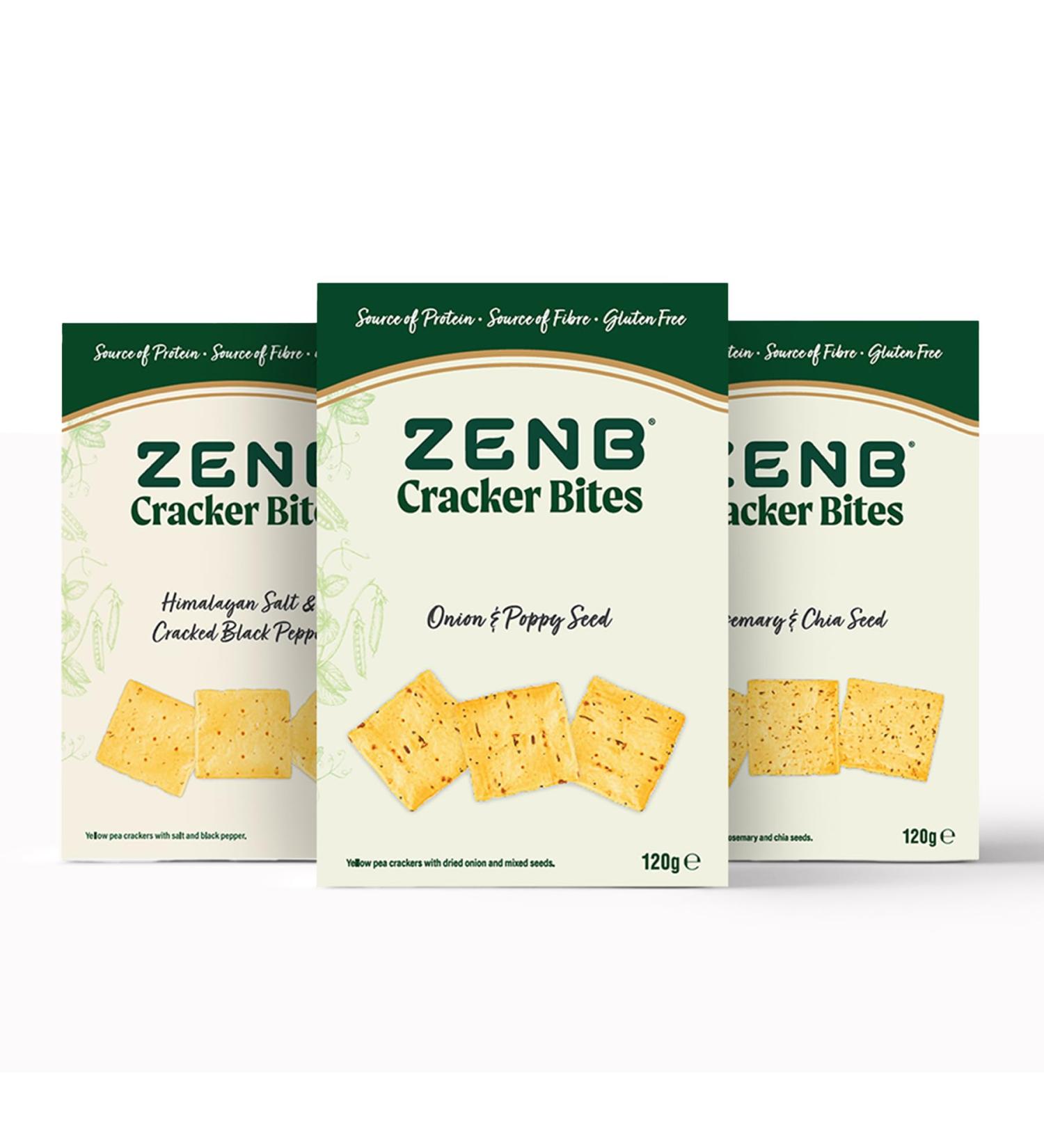 ZENB Cracker Bites - Gluten Free Healthy Snacks for Adults - Vegan Snack Variety Pack with 6g Protein per Serving x3 Delicious Flavours (3x120g boxes) - Buy Online on GoSupps.com