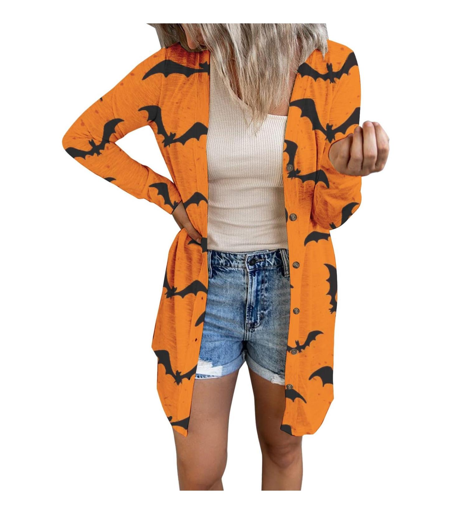 Women's Printed Button Fashionable Casual Long Sleeved Cardigan Halloween Costumes Thin Long Sweater Orange Large - Buy Online on GoSupps.com