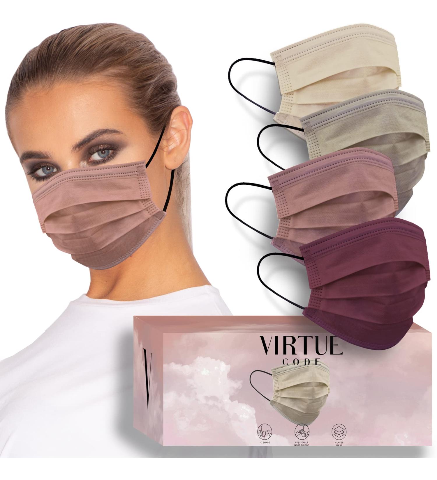 Virtue Code Earth Tones Disposable Face Mask Pack - 50 Cute Masks for Men and Women in Cream, Pink, Burgundy, and Beige Colors - Buy Online on GoSupps.com