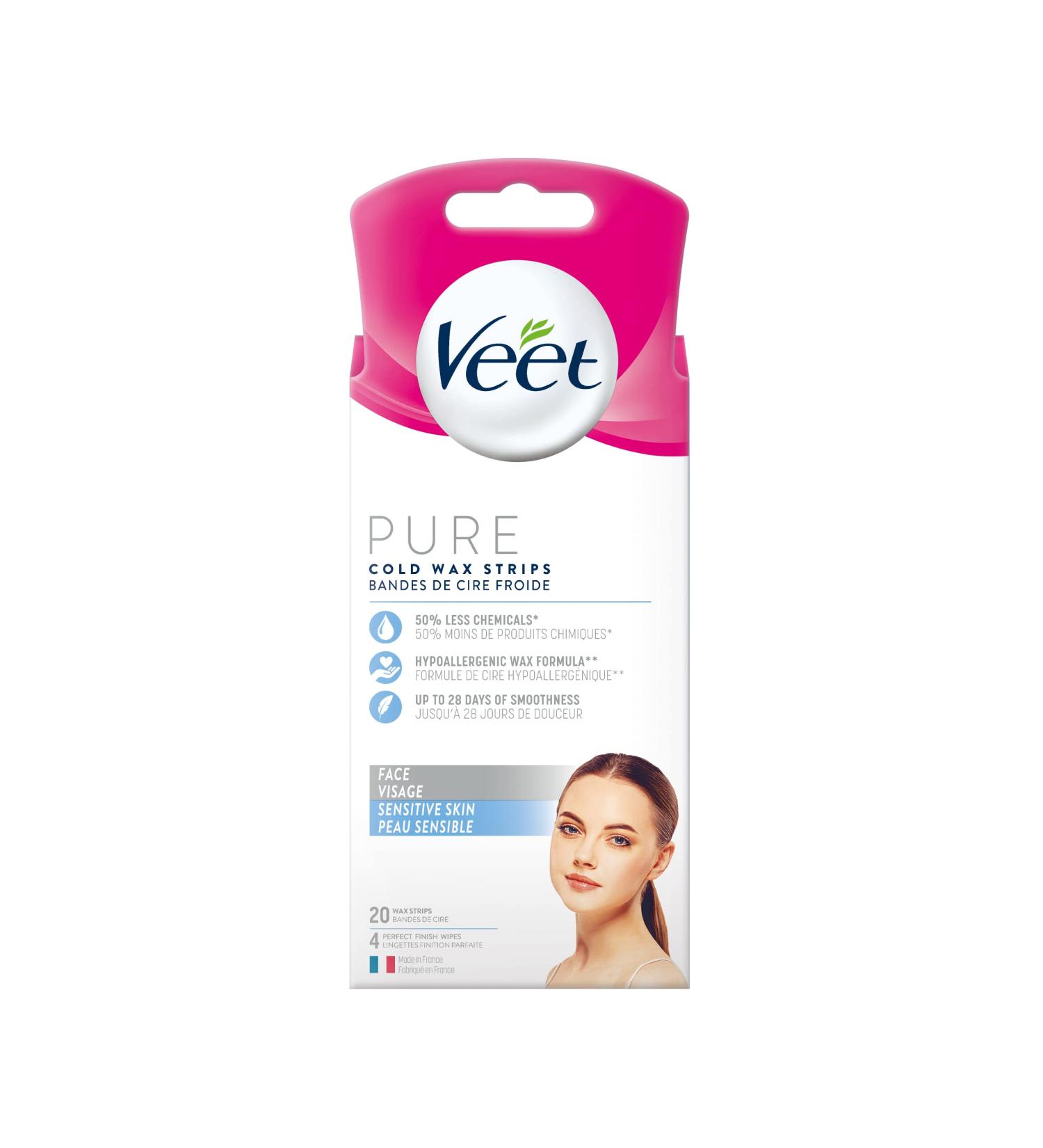 Veet PURE Face Wax Strips Sensitive Skin Hypoallergenic Formula 20ct White 20 count (Pack of 1) White - Buy Online on GoSupps.com