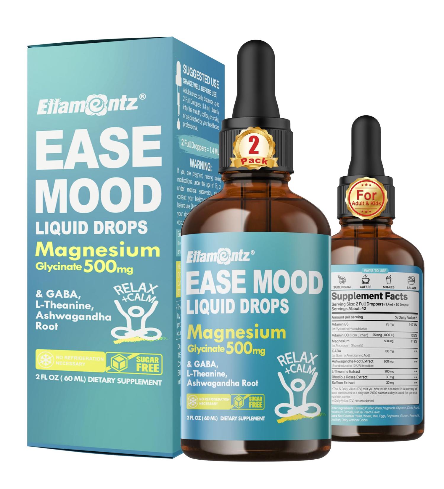 Magnesium Glycinate Liquid Drops for Kids Adults with GABA Ashwagandha L-Theanine Vitamin D3 B6 Saffron for Brain Calm Muscle Relaxation Mood Zzz- Calm Magnesium Supplement Vegan 2 Pack - Buy Online on GoSupps.com