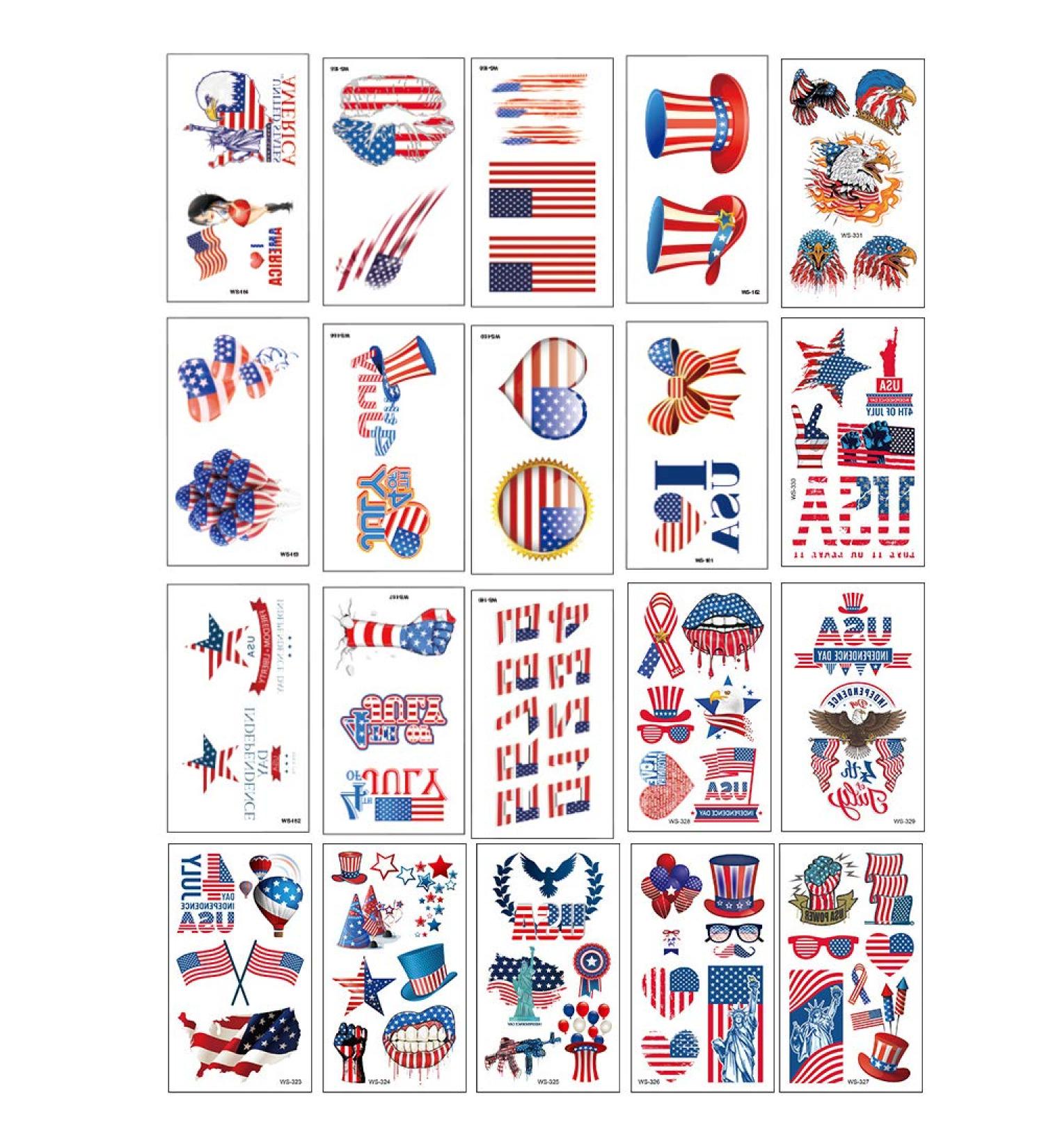 20 Sheets Independence Day Temporary Tattoos - American Flag Patriotic Red White Blue Fake Tattoos for Victory, Labor & Memorial Day Parties - Buy Online on GoSupps.com