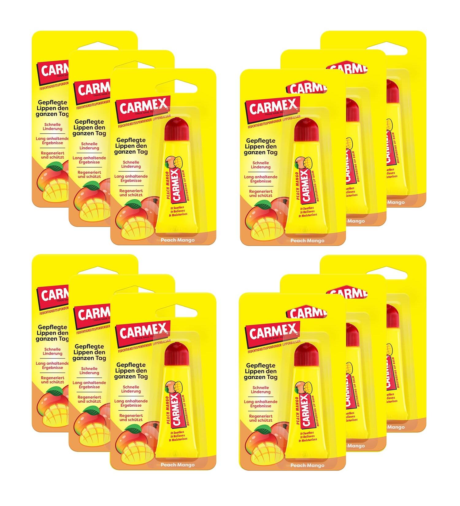 Carmex Peach Mango Tube Moisturizing and Soothing Lip Balm for Chapped Lips with Vaseline Vitamin E and Beeswax (12 x 10 g) - Buy Online on GoSupps.com