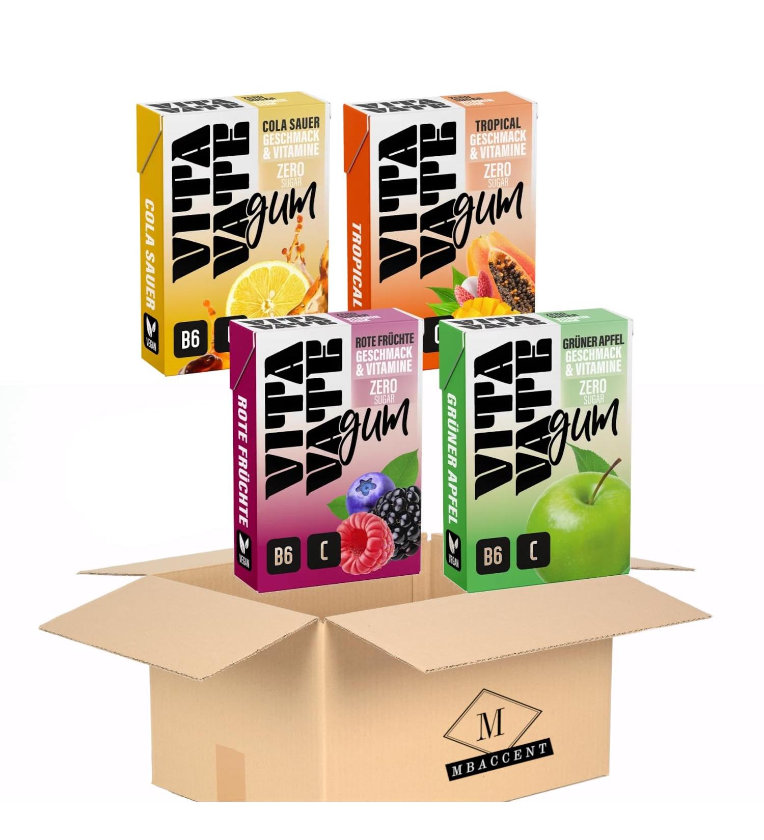 Vitavate chewing gum set vate gum trial set mix 1x cola sour 1x tropical 1x red fruits 1x green apple (4x 20 pieces) by Mbaccent + MBACCENT Shipping protection pack 20 pieces (4 Pack)