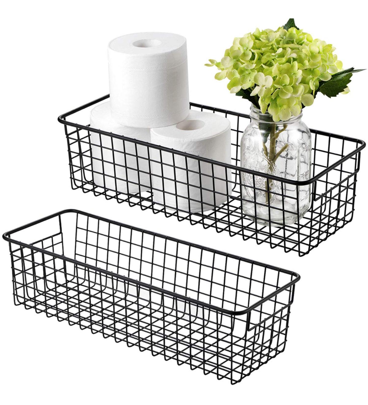 2 Pack Rustic Metal Wire Storage Baskets - Farmhouse Decor for Bathroom, Kitchen, Pantry, Laundry Room, Closets, Garage - Black - Buy Online on GoSupps.com