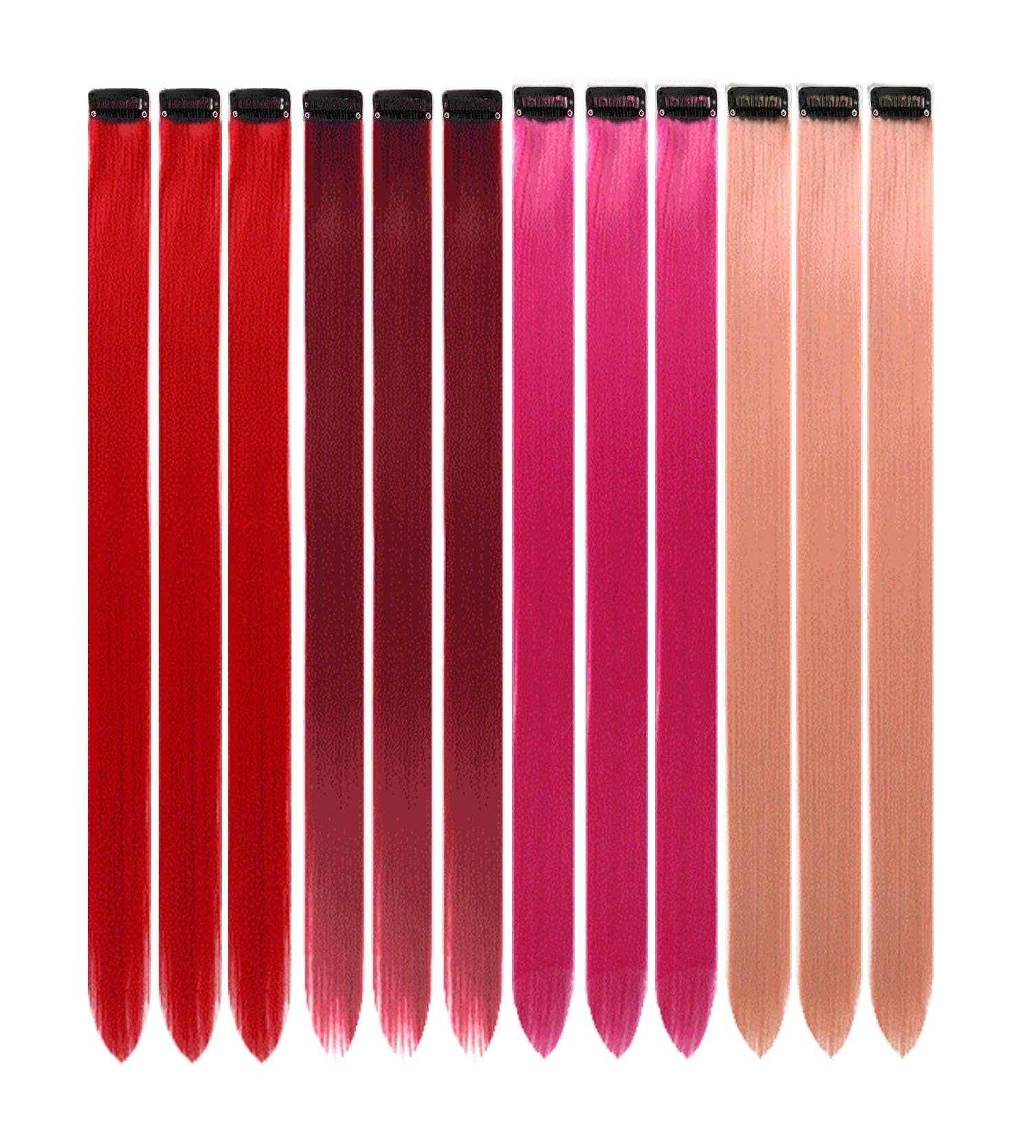 12 Pcs Colored Hair Extensions Colorful Clip in Hair Extensions 22 inch Synthetic Straight Hair Extensions for Kids Girls Women Red series - Buy Online on GoSupps.com