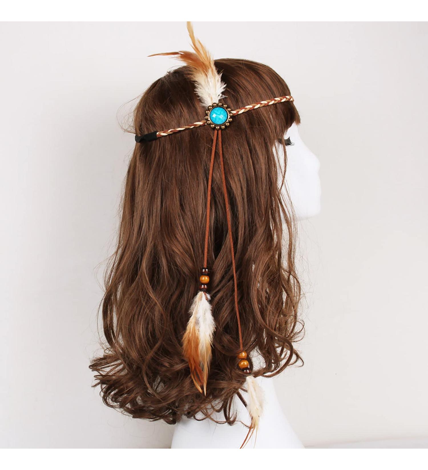 Qisogy Boho Feather Headdress | Beaded Tassel Headband | Turquoise Princess Head Chain | Brown | 48CM - Buy Online on GoSupps.com