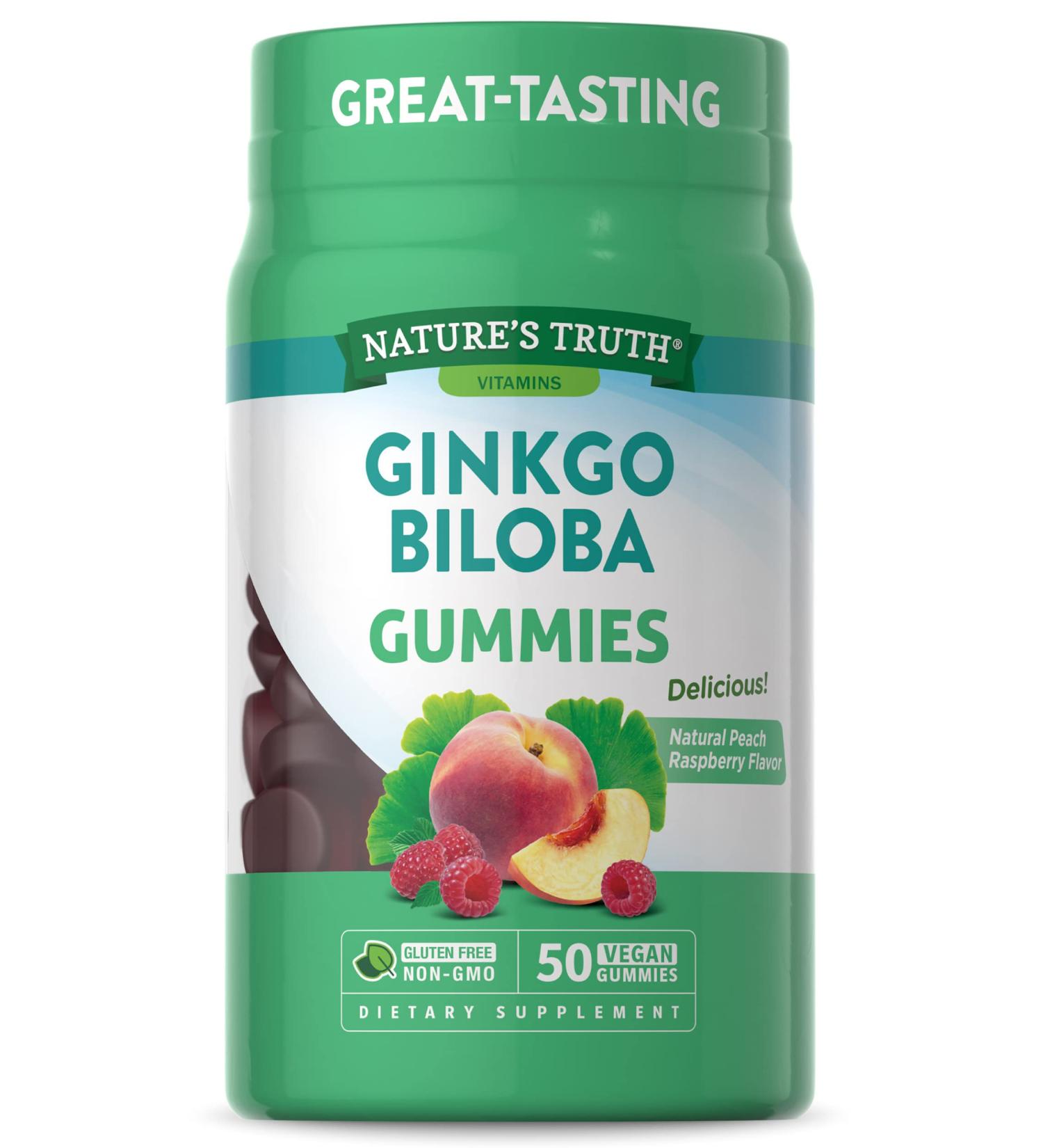 Nature's Truth Ginkgo Biloba Gummies | 100mg | 50 Count | Peach Raspberry Flavor | Vegan Non-GMO & Gluten Free Extract Supplement - Buy Online on GoSupps.com