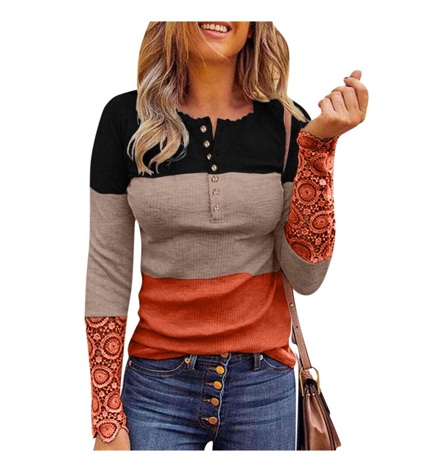 Women's Ribbed Knit Henley Long Sleeve Tunic - Casual Lace Top in Small Orange - Buy Online on GoSupps.com