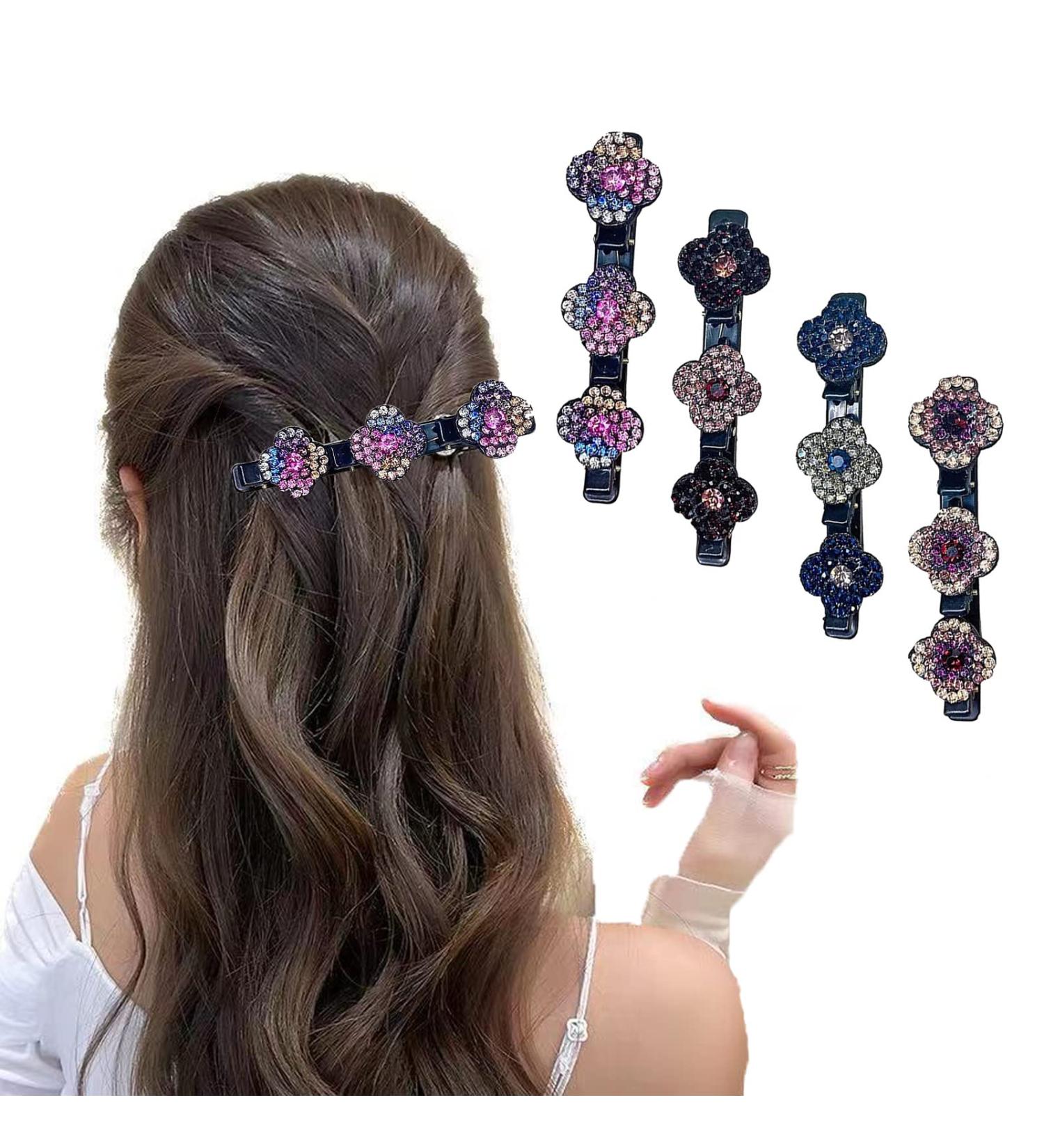 Sparkling Crystal Stone Braided Hair Clips - 4 PCS Set for Women and Girls | Satin Fabric Hair Bands - Rhinestone Hair Clips | Stocking Stuffers - Four-Leaf Clover Design - Buy Online on GoSupps.com