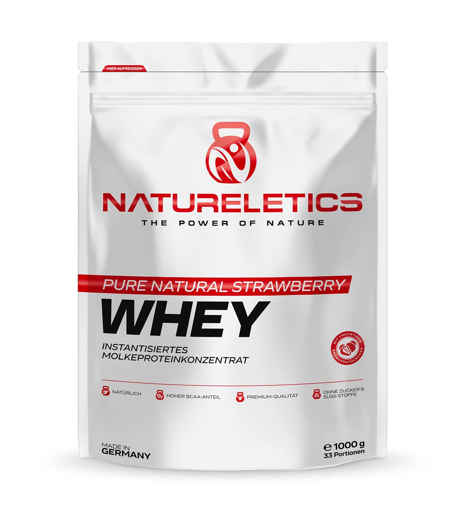 Natureletics Strawberry Whey Protein Powder 1kg - All-Natural No Sugar High BCAA 22.6% - Premium Quality from Germany - Buy Online on GoSupps.com