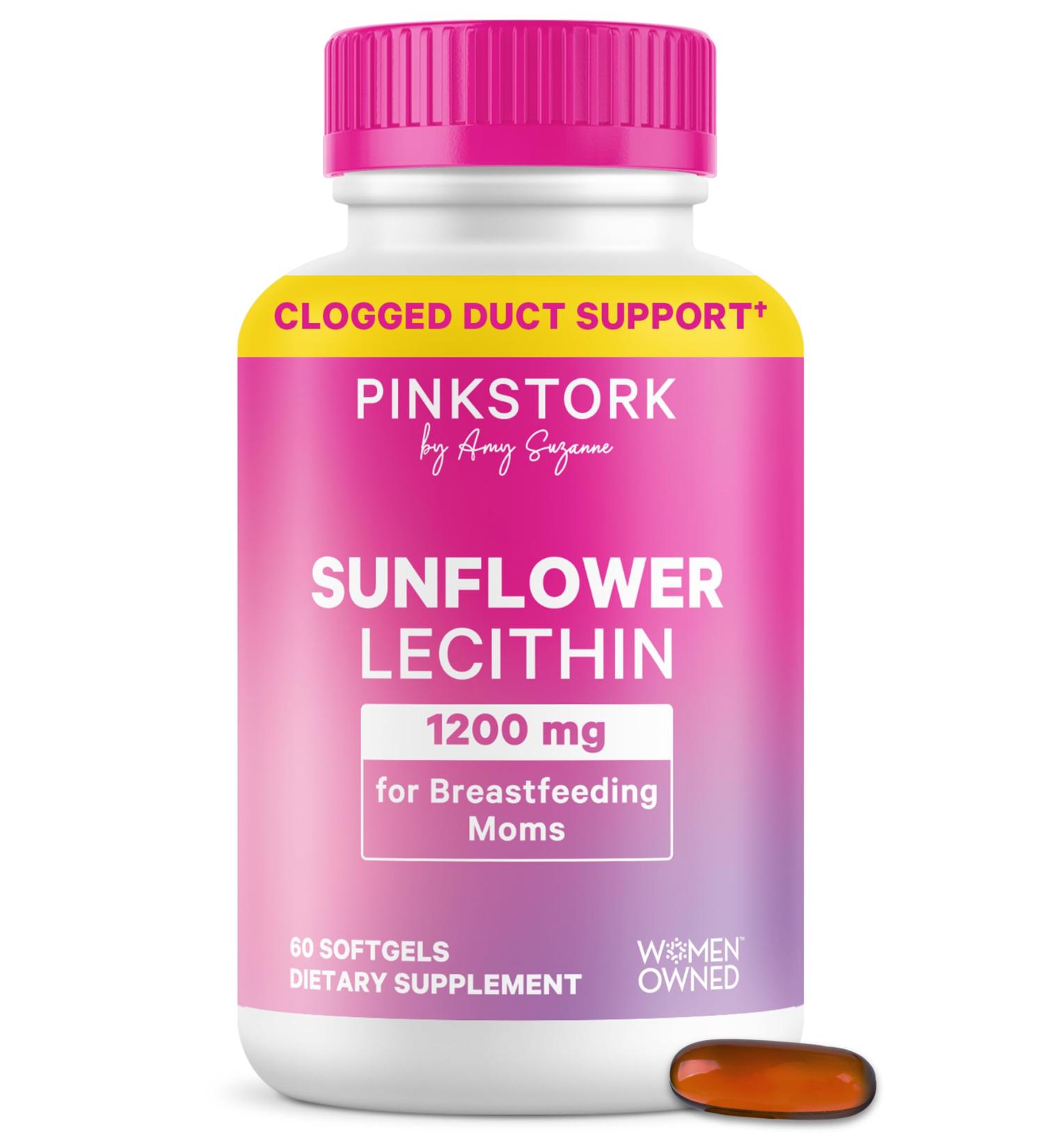 Pink Stork Sunflower Lecithin Supplement - 1200 mg for Clogged Milk Ducts - Breastfeeding Essentials for Postpartum Moms - Supports Breast Milk Flow - 60 Softgels - Buy Online on GoSupps.com