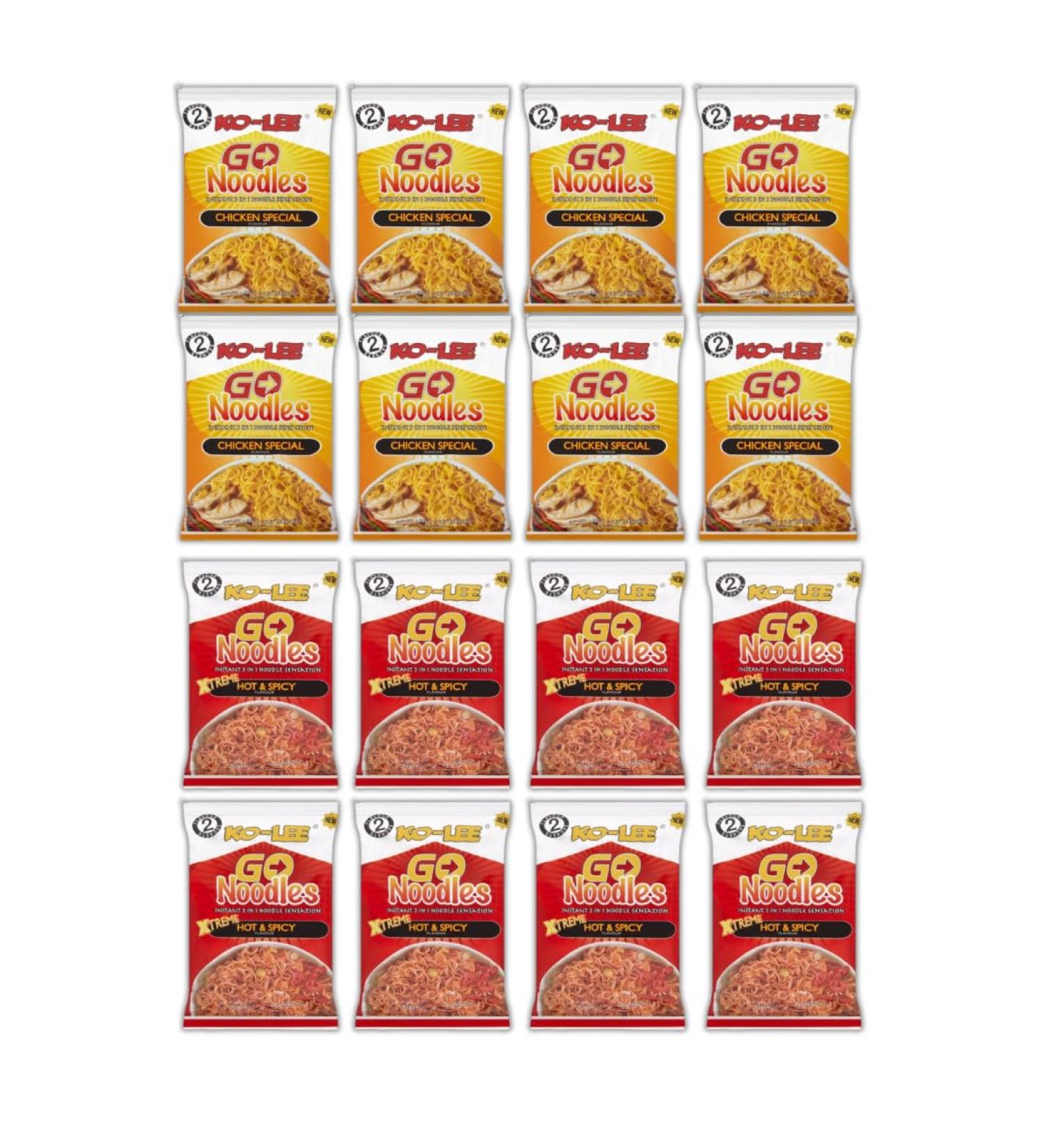 Ko Lee Noodles Multipack Xtreme Hot & Spicy and Chicken Noodles | Bulk Noodles (16x85g (8 each)) - Buy Online on GoSupps.com