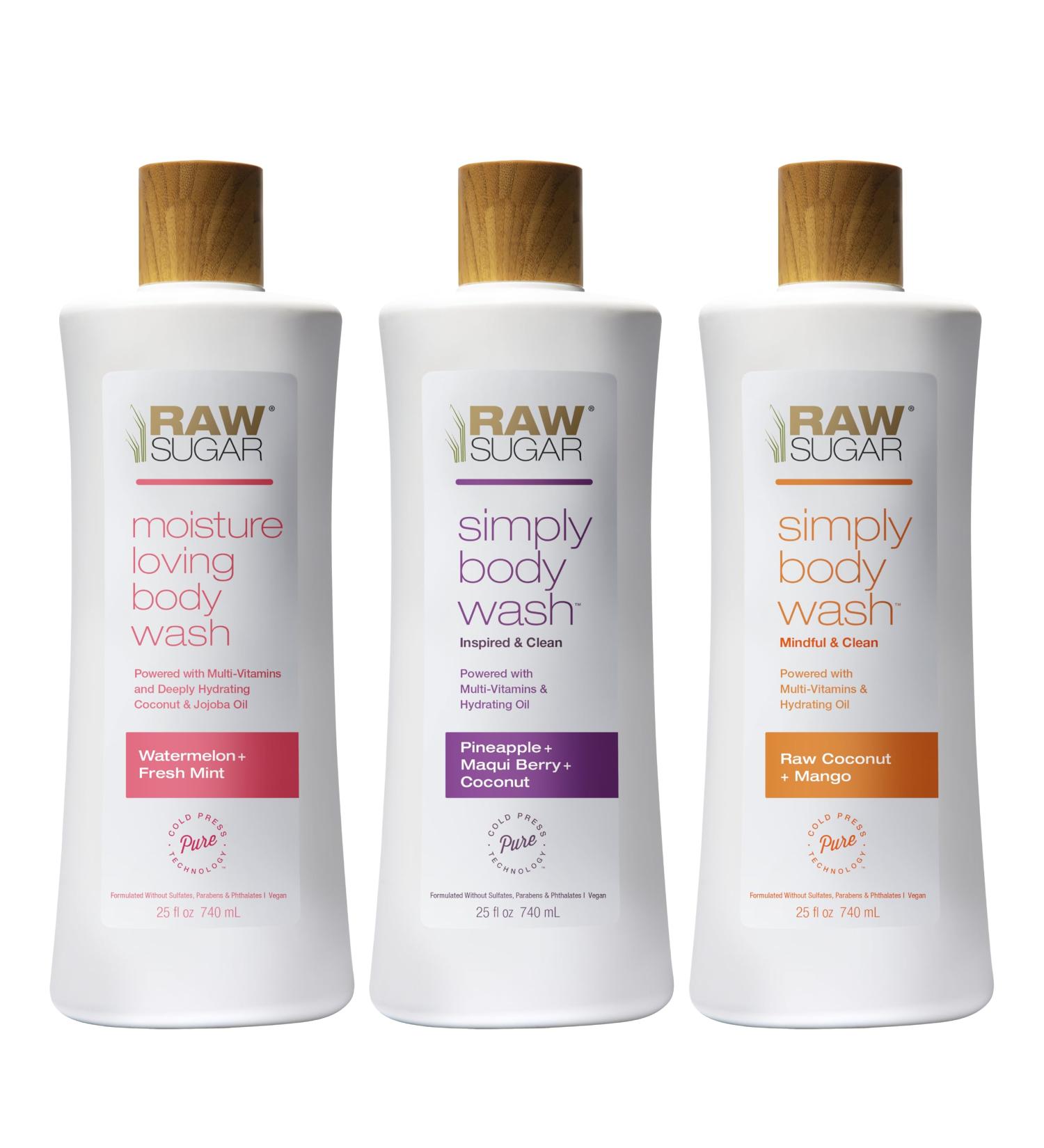 RAW SUGAR Simply Body Wash Variety Trio (25 Fl Oz Pack of 3) Vegan Bath & Shower Gel Raw Coconut + Mango Pineapple + Maqui Berry + Coconut and Watermelon + Fresh Mint No Sulfates & Parabens Raw Coconut + Mango Pineappl  - Buy Online on GoSupps.com