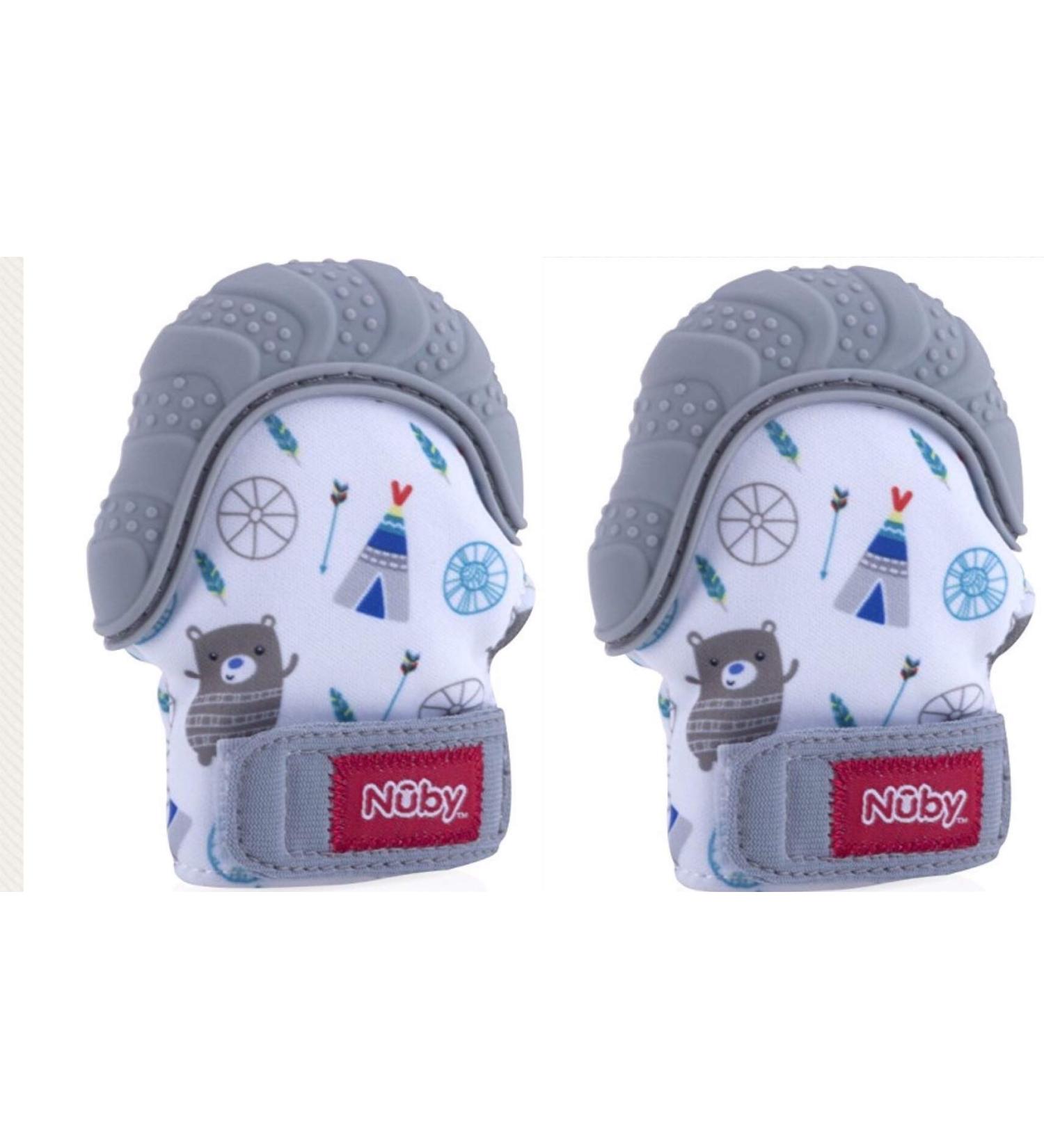 Nuby Soothing Teething Mitten (Grey) - 2 Pack with Hygienic Travel Bag - Buy Online on GoSupps.com