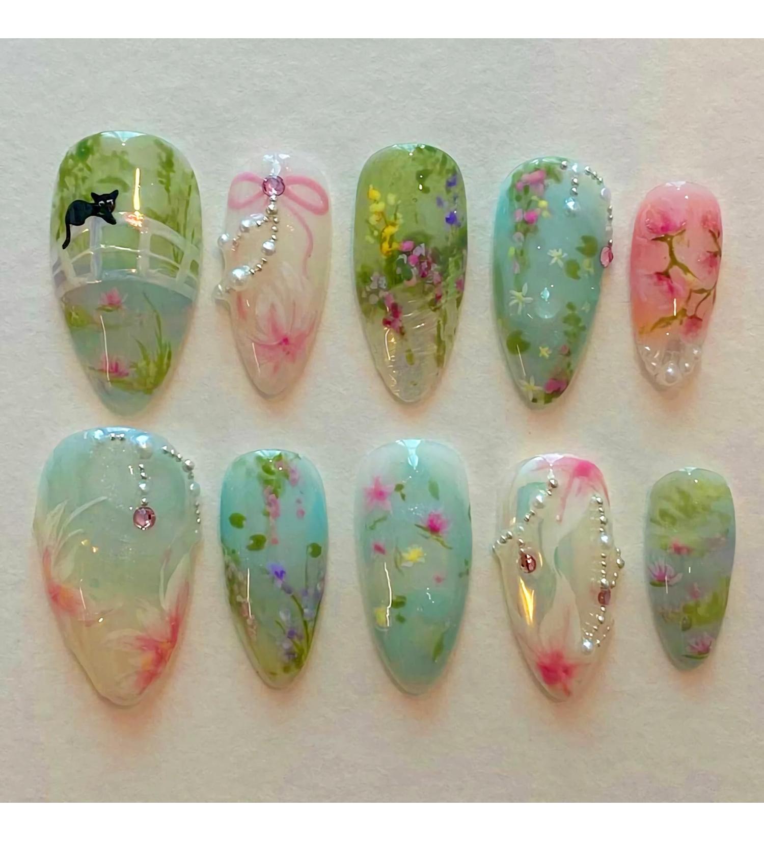 Buy BABALAL Almond Press on Nails - Medium Blue Green Acrylic Stiletto Nails with Cute Cat Flower Design - 24Pcs Handmade Glue on False Nails - Buy Online on GoSupps.com