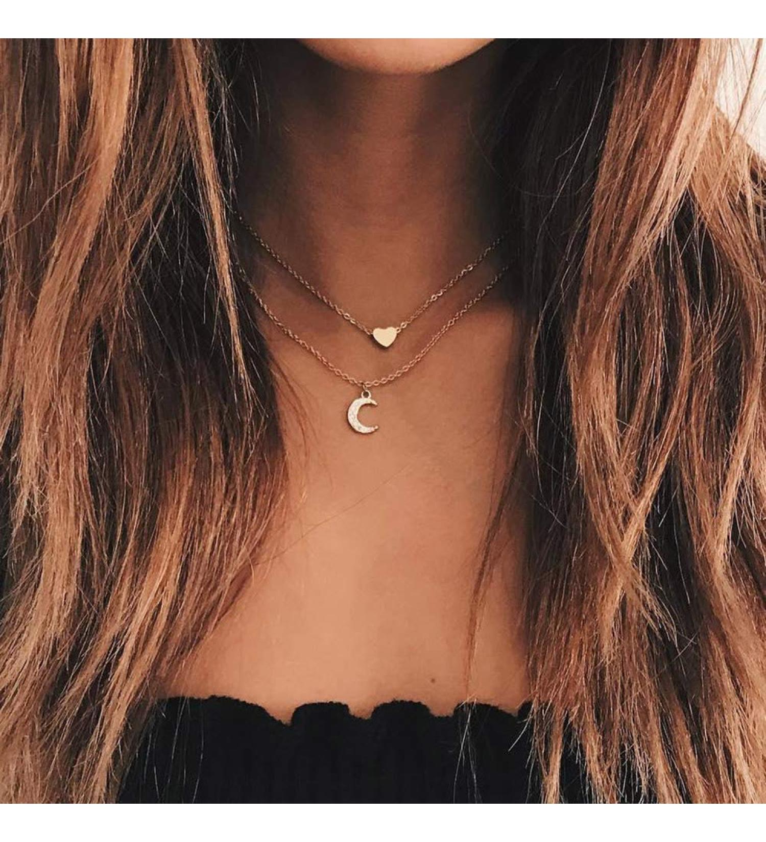 DoubleNine Double Layered Tiny Heart Moon Pendant - Gold Dainty Necklace for Women & Girls | Everyday Simple Jewelry - Buy Online on GoSupps.com