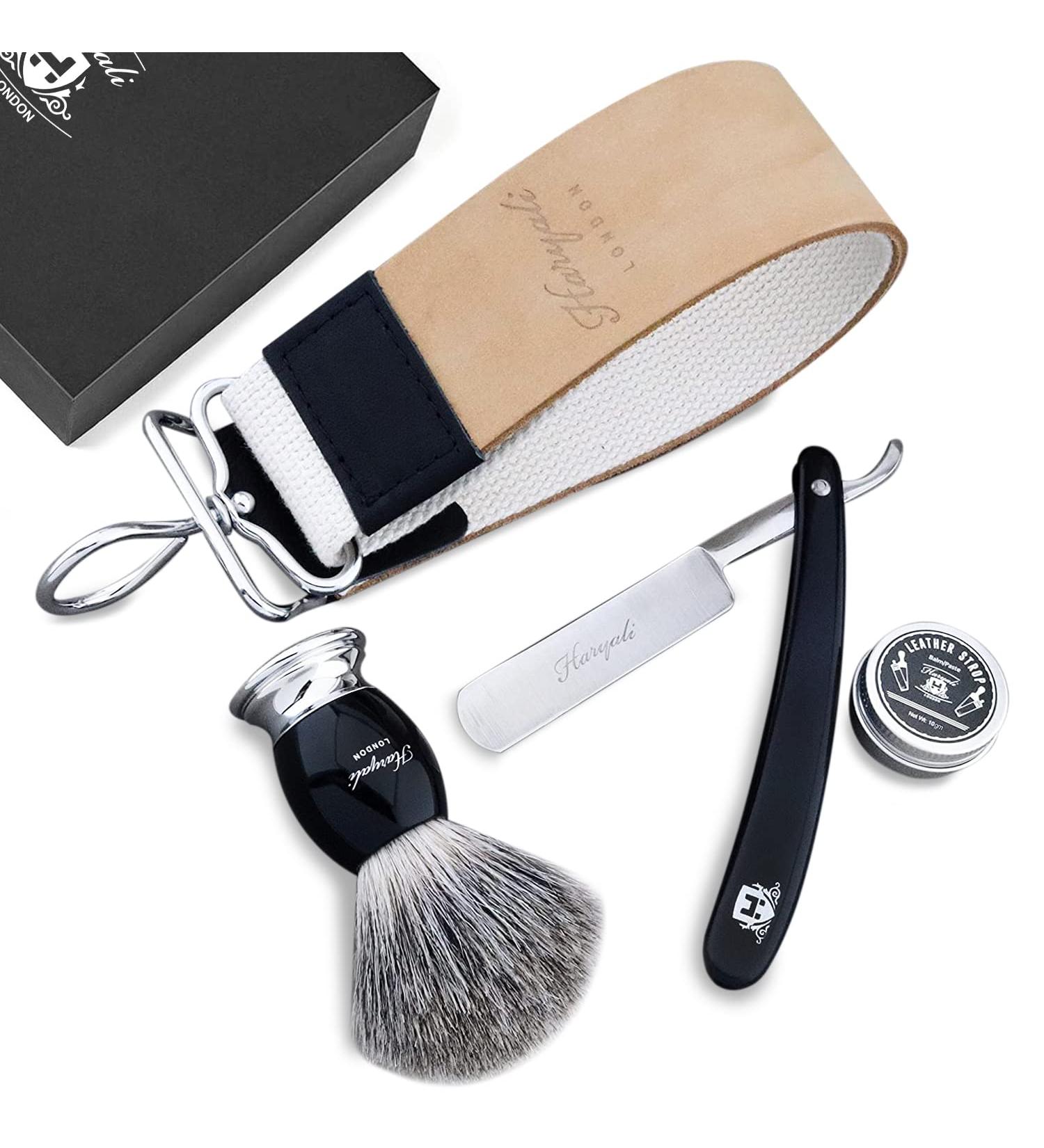 Vintage Razor Set for Men | Haryali London - Straight Cut Neck Razor Hair Razor Brush & Leather Belt Balm | International Shipping - Buy Online on GoSupps.com