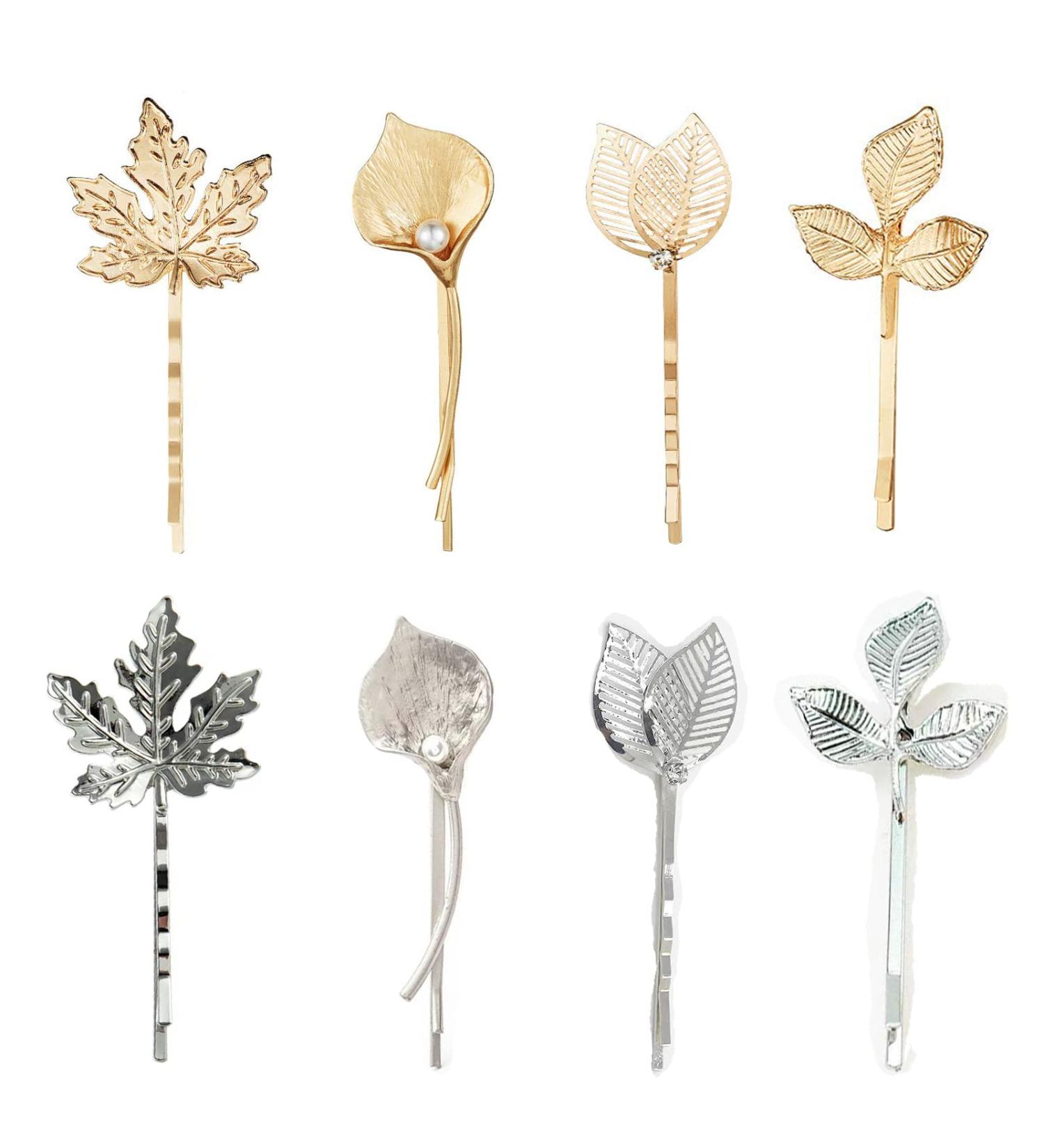 Vintage Leaf Hair Clips 8PCS/4Pairs - Elegant Retro Bobby Pins for Women - Wedding & Party Accessories in Gold & Silver - Buy Online on GoSupps.com