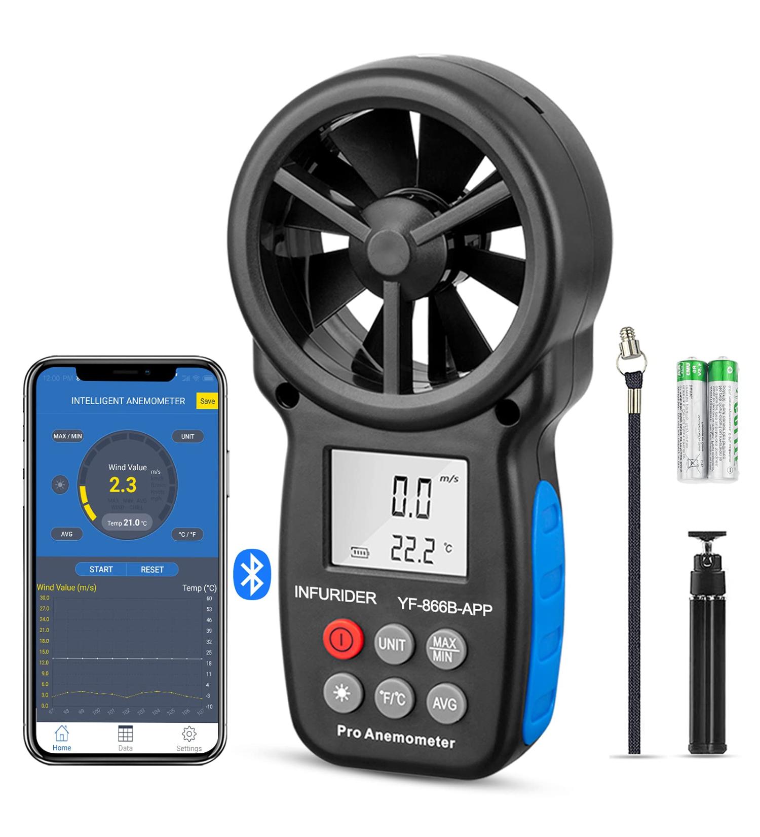 Infurider Windminder YF-866B Bluetooth Digital Anemometer - Accurate Air Flow Speed Measurement & Thermometer with Backlight - Buy Online on GoSupps.com