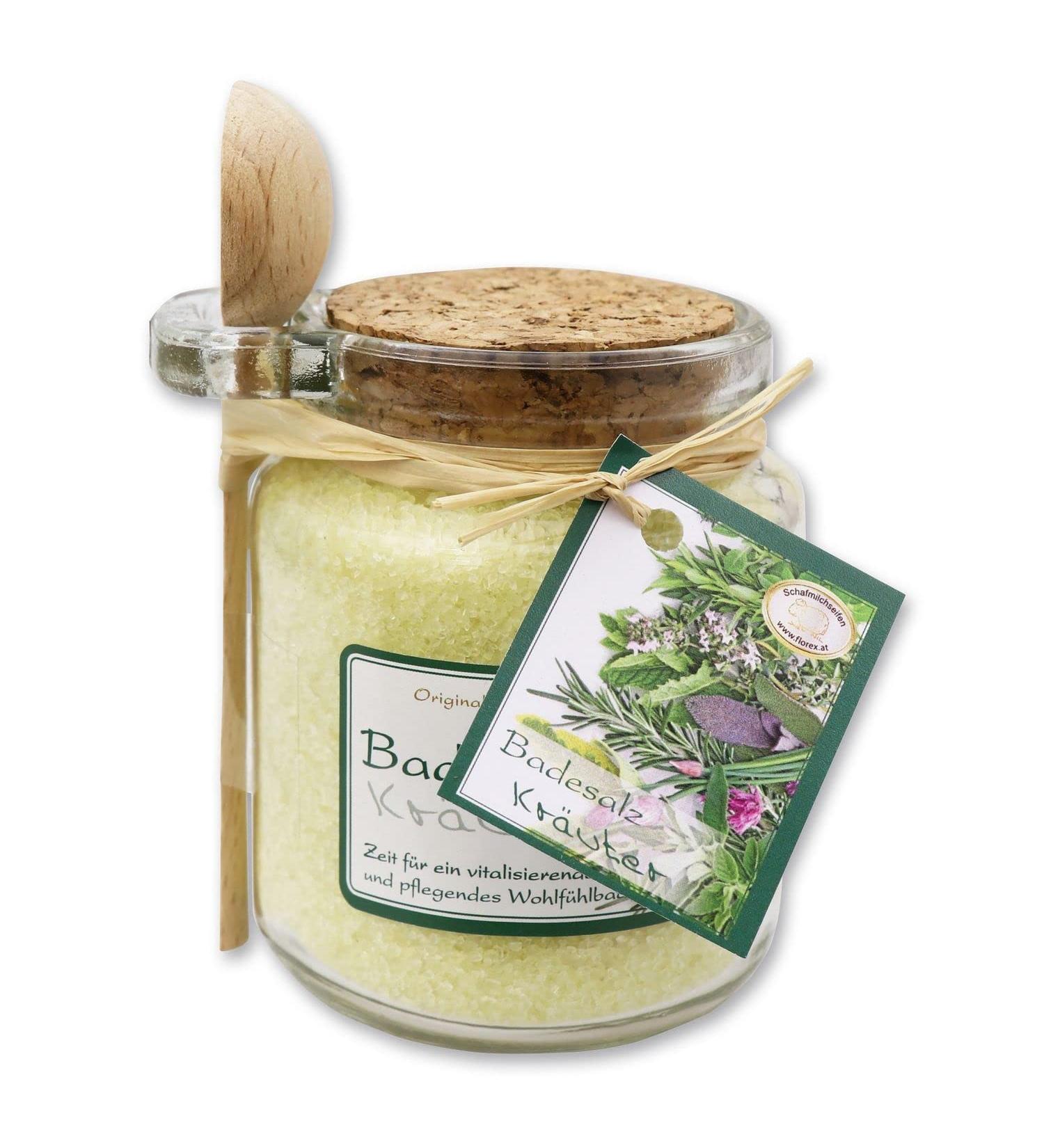 Florex bath salt herbs with sheep's milk in a decorative glass with wooden spoon 300 g