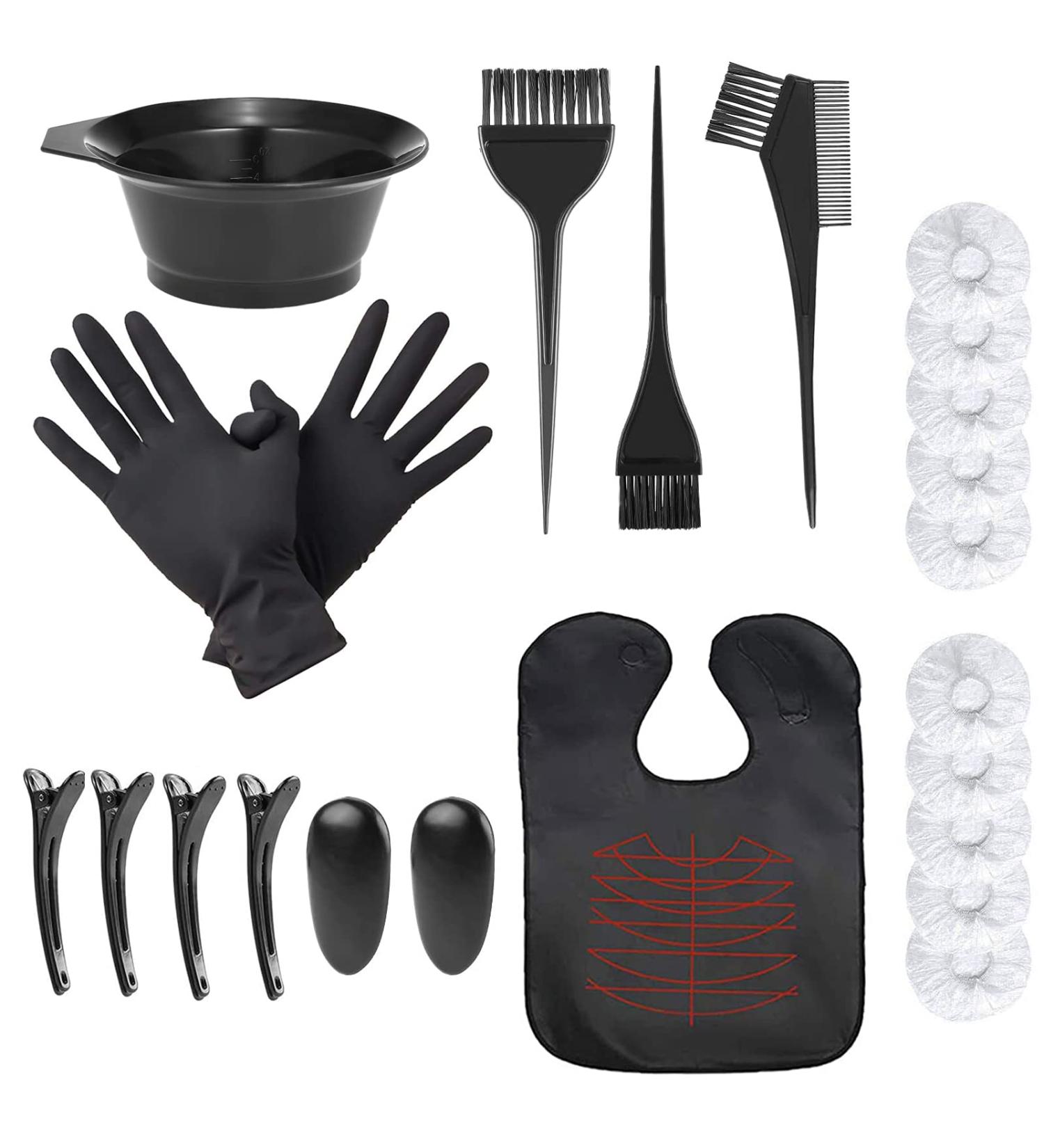KEAIDUO Hair Dye Bowl and Brush Kit - 22pcs Professional Coloring Tools for DIY Salon Dyeing - Includes Gloves, Ear Cover, Disposable Cap, Coloring Cape, and Clips - Buy Online on GoSupps.com