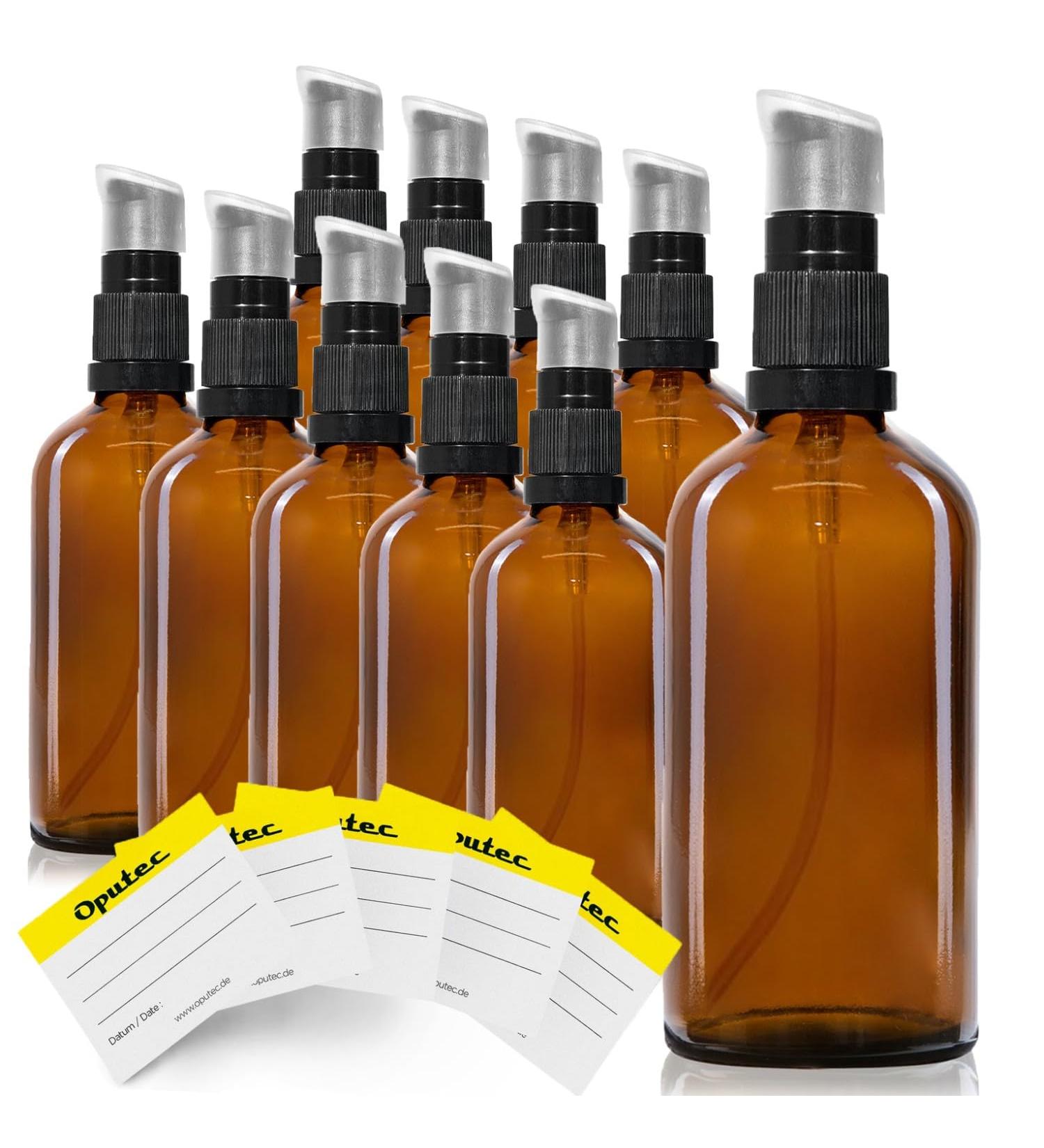 OPUTEC 10 x 100ml Travel Pump Bottles - Brown Plastic Mini Cream Dispenser with 10 Labels for Easy Filling | Ideal for Lotions & Travel  - Buy Online on GoSupps.com