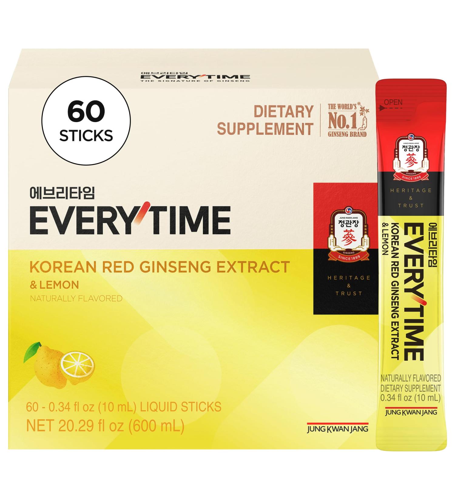 JUNG KWAN JANG Everytime Korean Red Ginseng Extract 1 050mg & Lemon - Vegan Energy Drink Liquid Stick Supplements - No Caffeine No Gluten Non-GMO 0.34 fl oz 10ea (Pack of 6) Lemon 0.34 Fl Oz (Pack of 60) - Buy Online on GoSupps.com