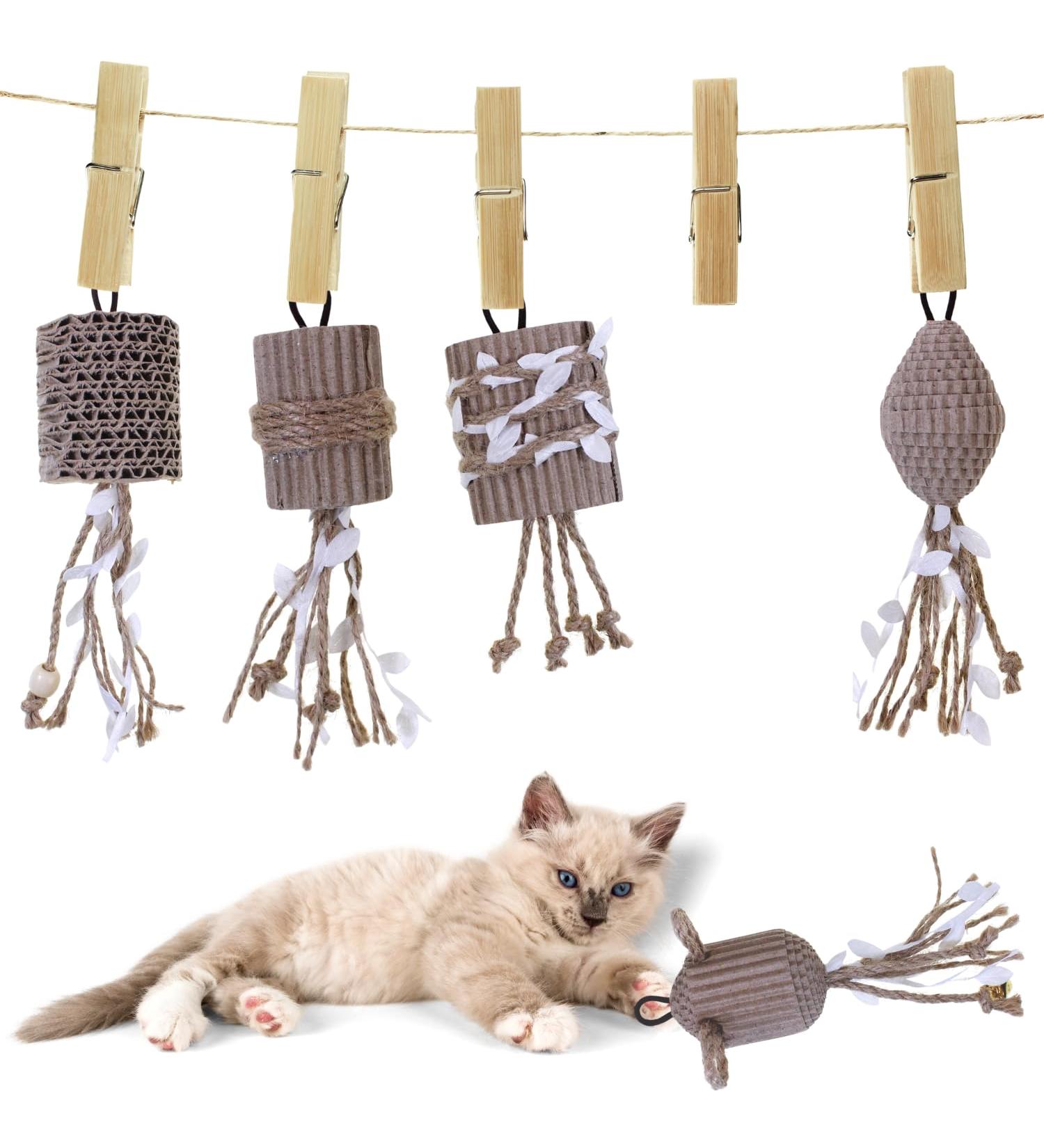 Pawfect Family Corrugated Cardboard Cat Toy Set: 5 Scratcher Toys with Sisal Rope & Hanging Loops Suitable as Replacement for Cat Wand - Buy Online on GoSupps.com