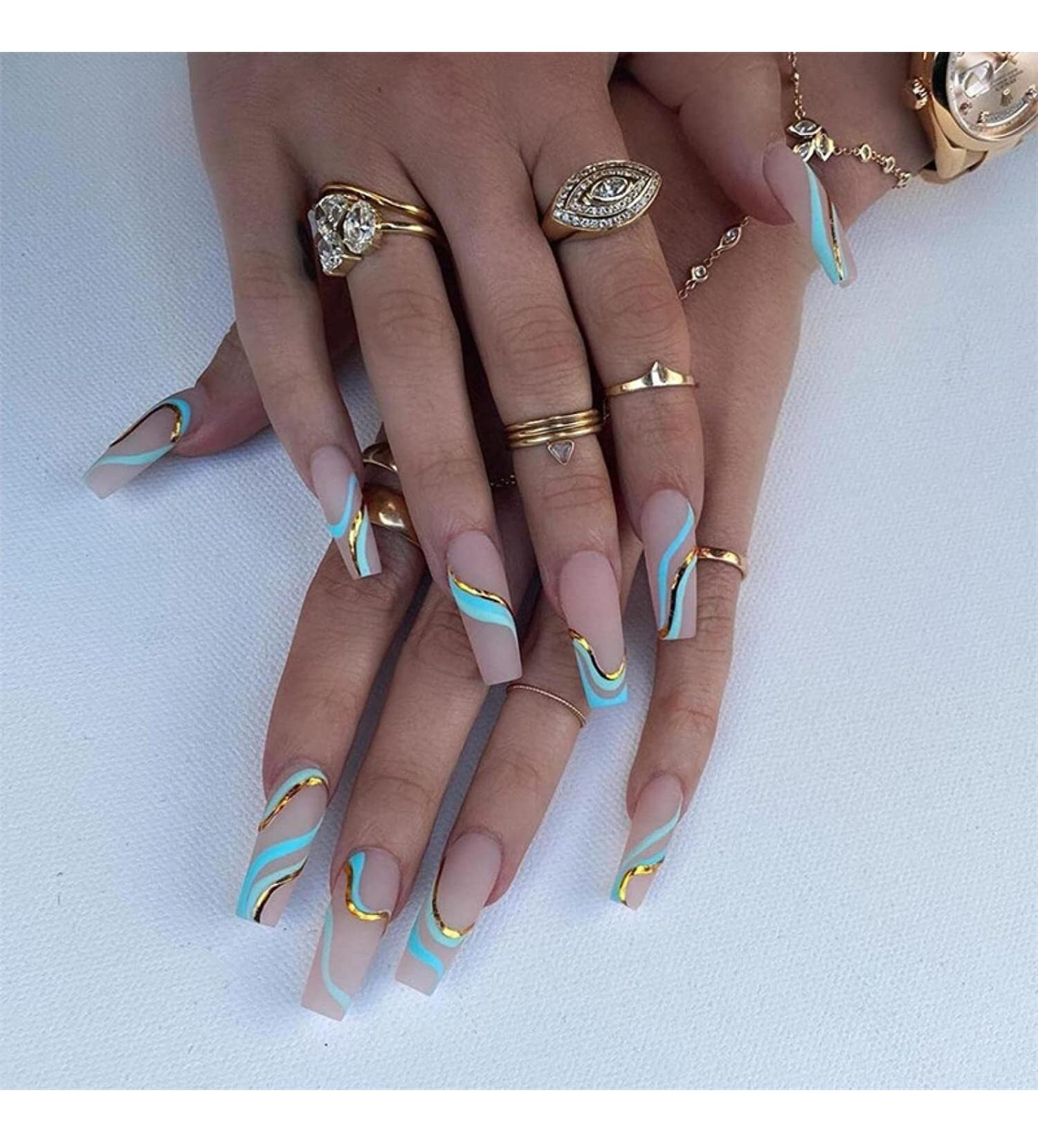 48pcs (2pack) Long Press On Nails with Green Wave Print French Ballerina Fake Nail Tips DIY Arylic False Nail Tips Press-on False Nails for Women and Girls - Buy Online on GoSupps.com