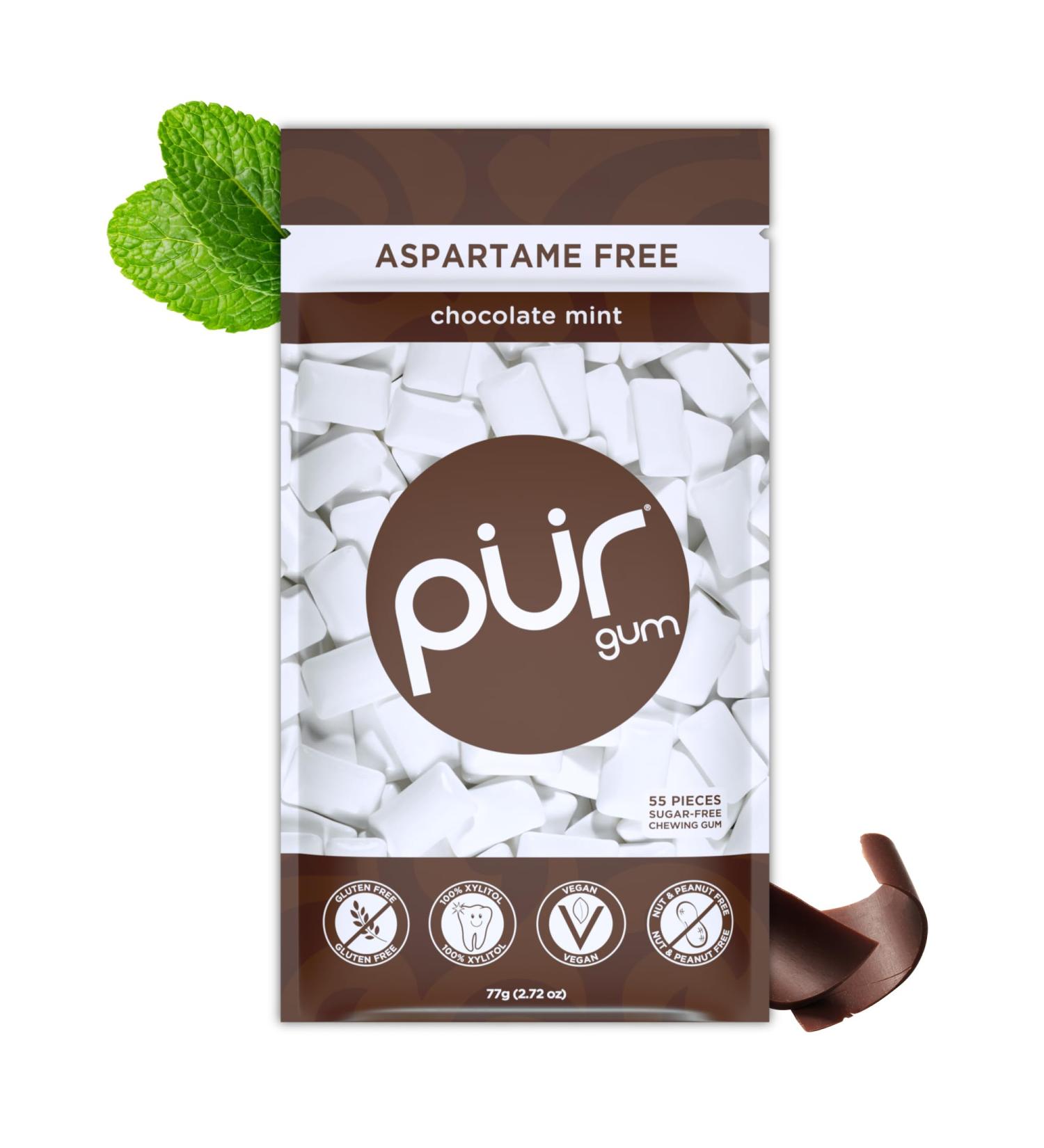 PUR GUM | Sugar-Free Chewing Gum with 100% Xylitol | Vegan Aspartame-Free Gluten-Free & Diabetic-Friendly | Natural Chocolate Mint Flavor | 55 Pieces Per Pack - Buy Online on GoSupps.com