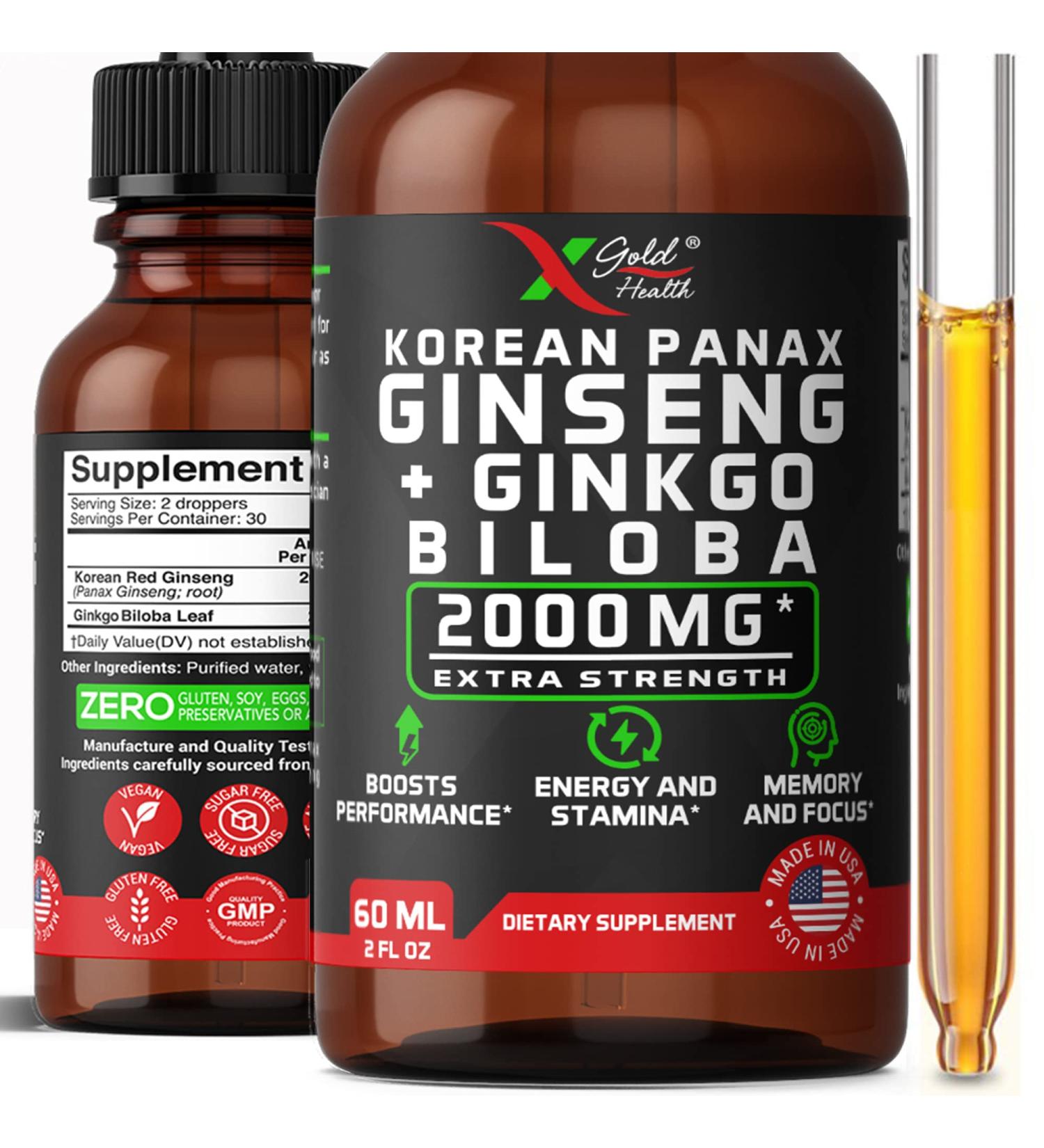 Korean Red Panax Ginseng & Ginkgo Biloba Liquid Extract - 2000mg - High Ginsenosides - Energy & Focus Supplement for Men & Women - 2 fl oz - Buy Online on GoSupps.com