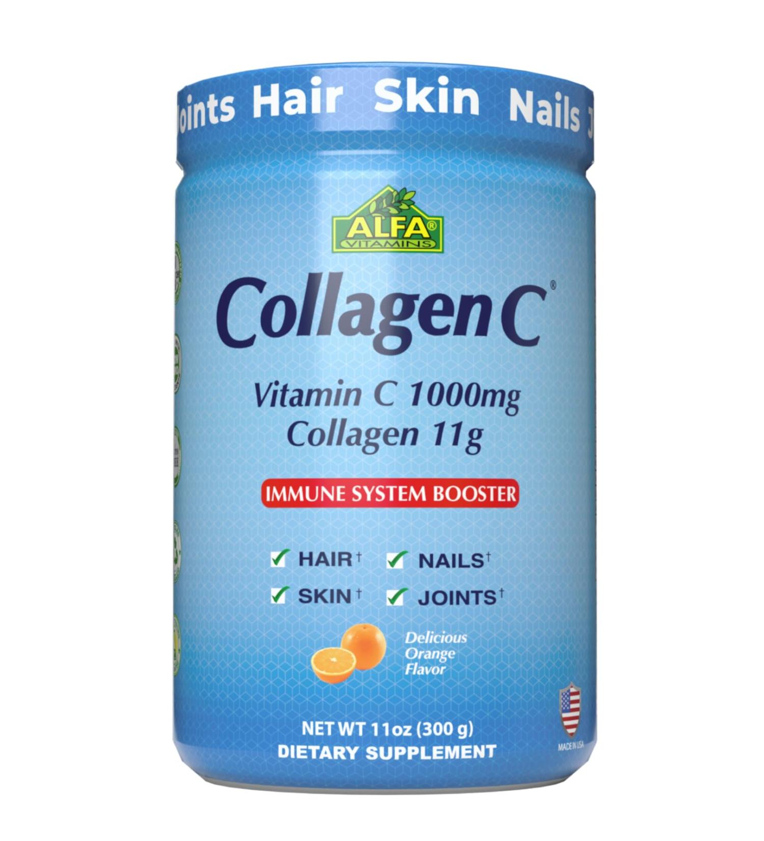ALFA VITAMINS CollagenC Hydrolysate Peptides Powder Supplement with 1 000mg Vitamin C - Premium Quality Source of Nutrients - Skin Hair Nails Immune Boost & Joints Support - Orange Flavor -11 OZ - Buy Online on GoSupps.com