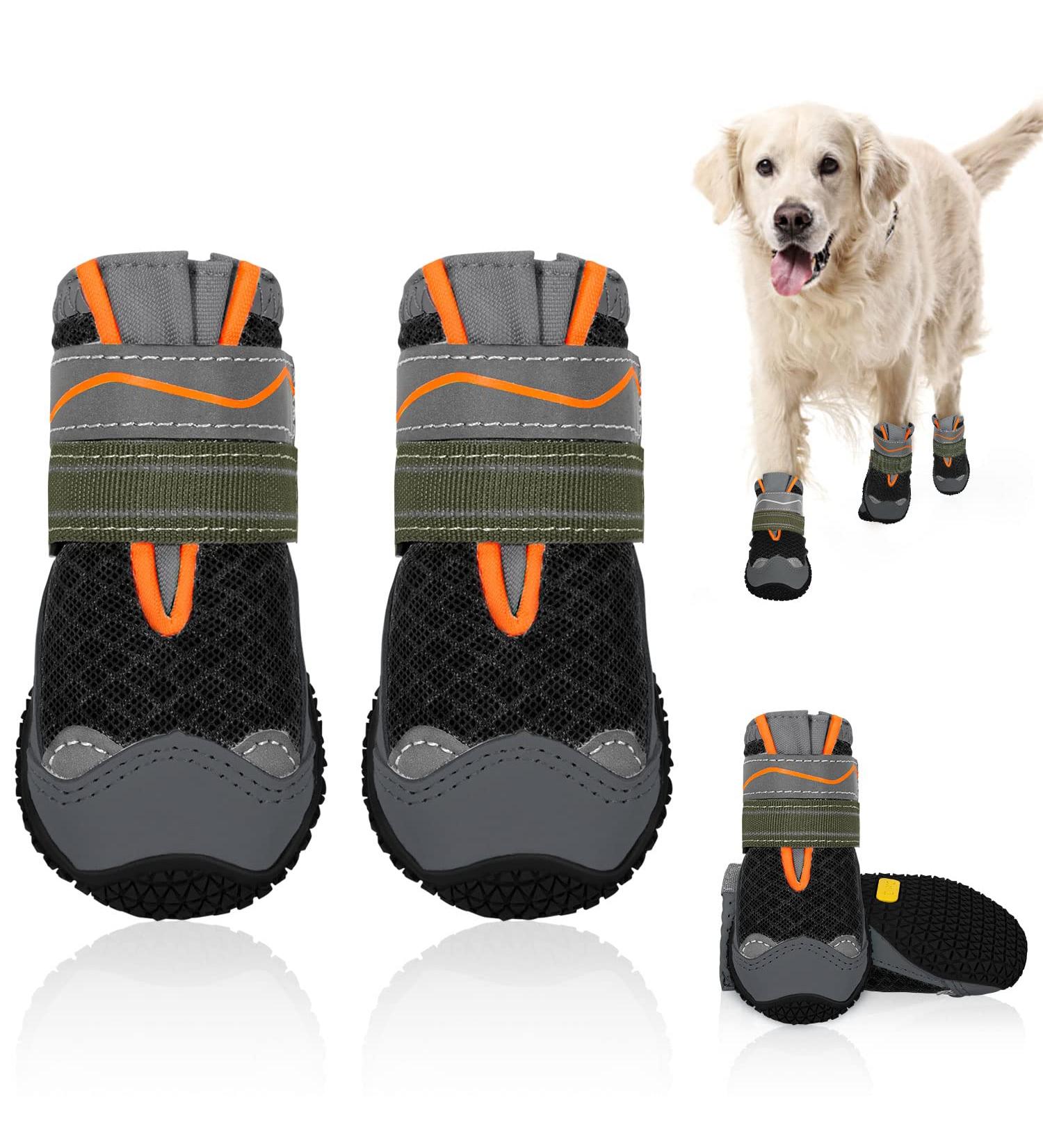 SlowTon Adjustable Breathable Dog Boots | Non-Slip Rubber Sole Paw Protectors for Hot Pavement | Reflective Strap, Black, Size 4 - Buy Online on GoSupps.com